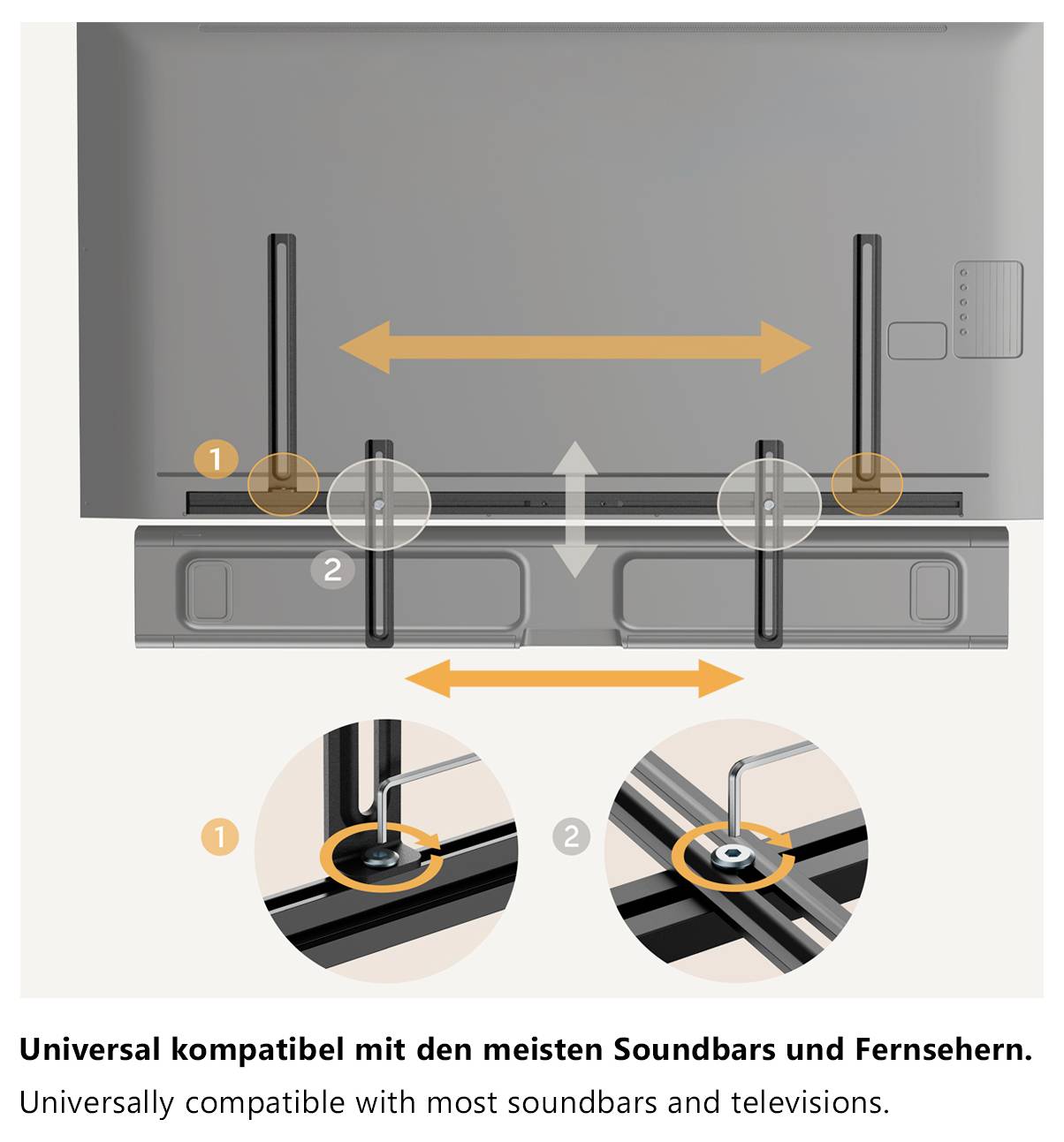 Diagram zobrazující instalaci držáku soundbaru za televizí. Kompatibilní s většinou soundbarů a televizí. Zahrnuje dvoustupňový proces.