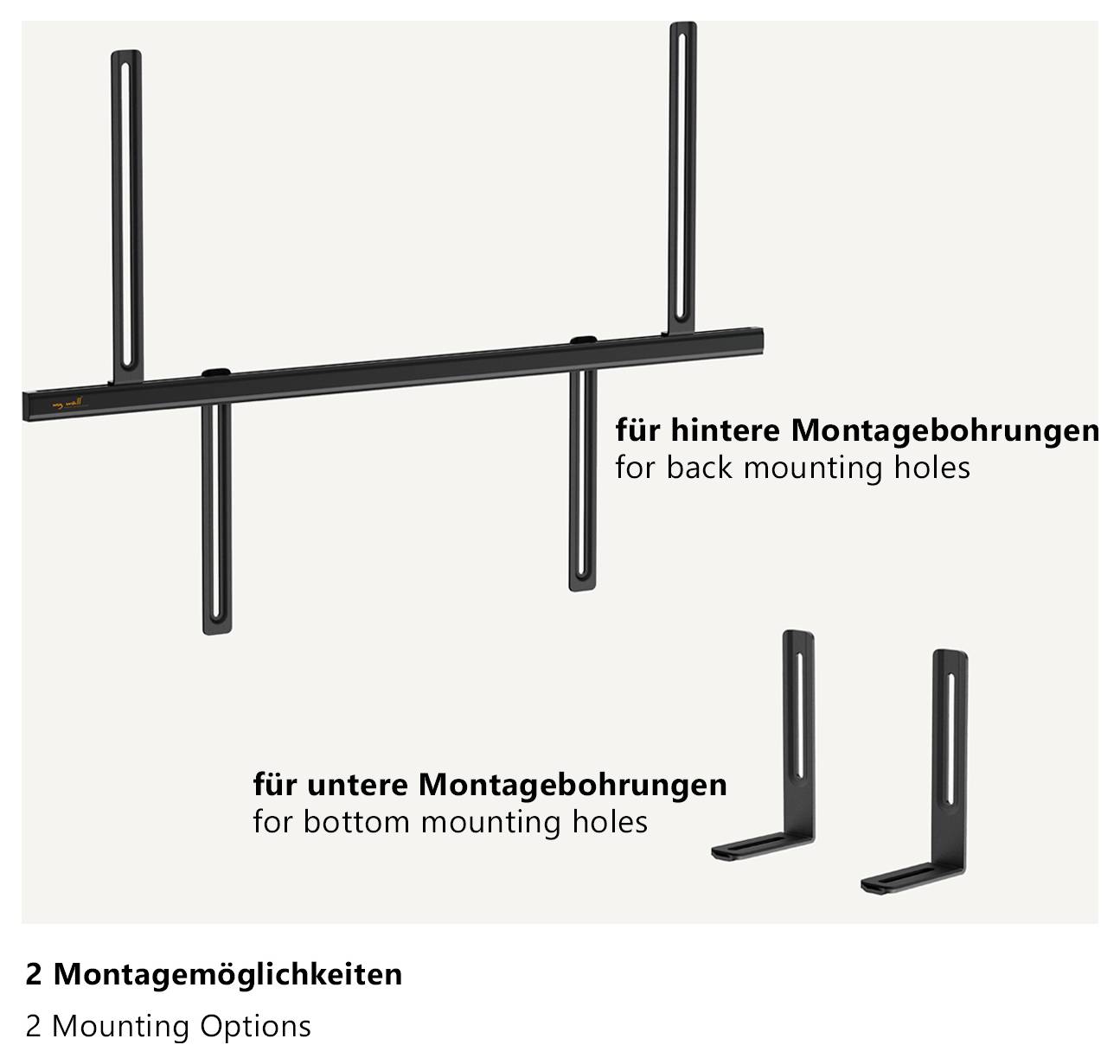 Diagram zobrazující dvě možnosti instalace zařízení: „pro zadní montážní otvory" s použitím vodorovného držáku a „pro spodní montážní otvory" s použitím svislých držáků.