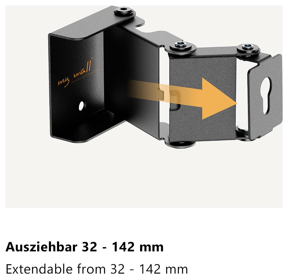 Černý nástěnný držák, označený 'my wall', s oranžovou šipkou ukazující, že se rozprostírá od 32 do 142 mm.