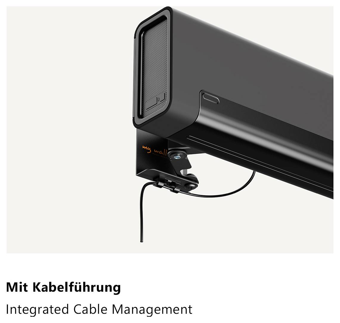 Soundbar "Mit Kabelführung" zobrazující integrovanou správu kabelů. Černý kabel se úhledně připojuje pod elegantním, moderním soundbarem.