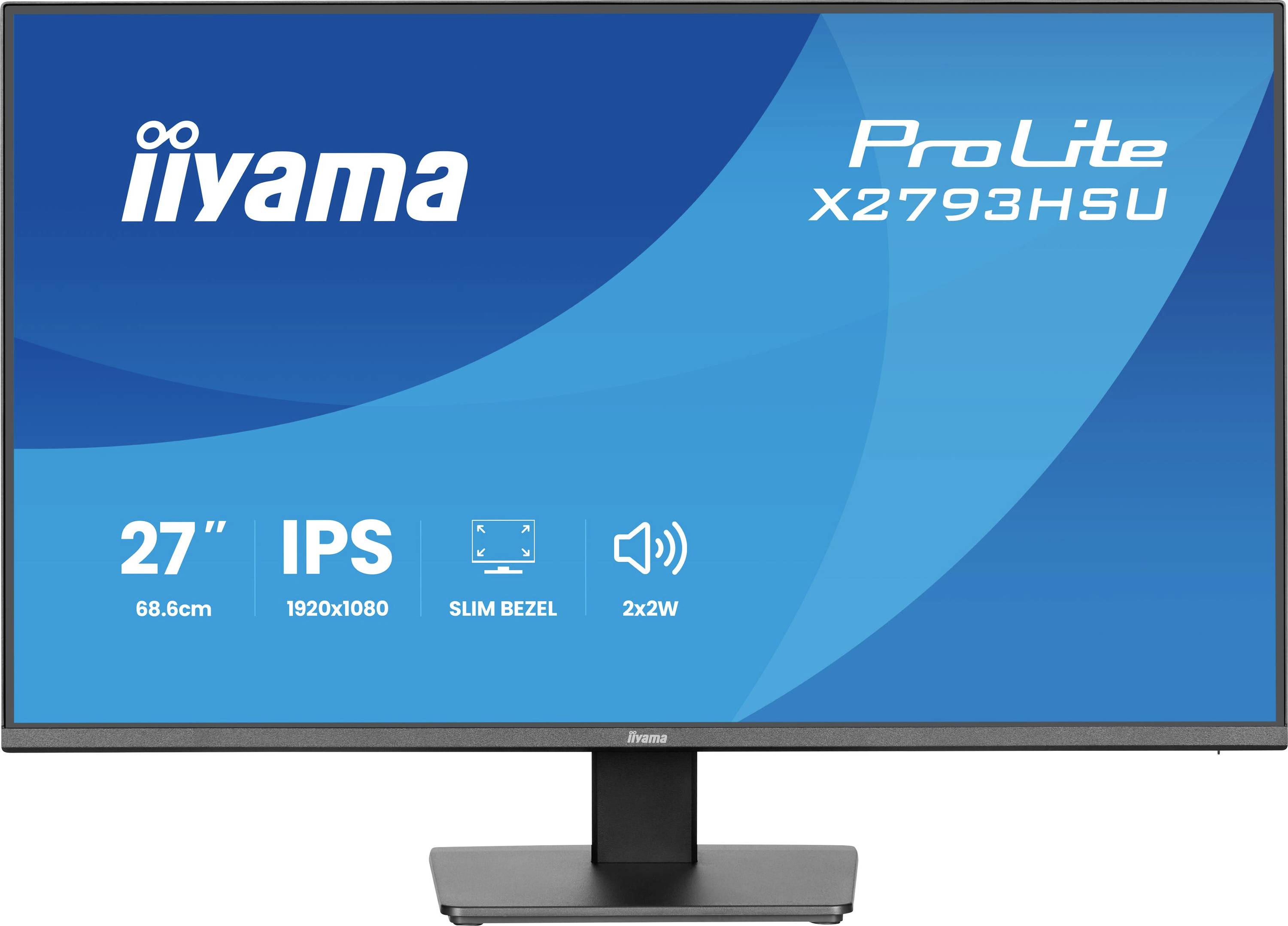 Monitor 'ProLite X2793HSU' od společnosti iiyama; 27palcová obrazovka, technologie IPS, rozlišení 1920x1080, tenký rámeček, 2x2W reproduktory.