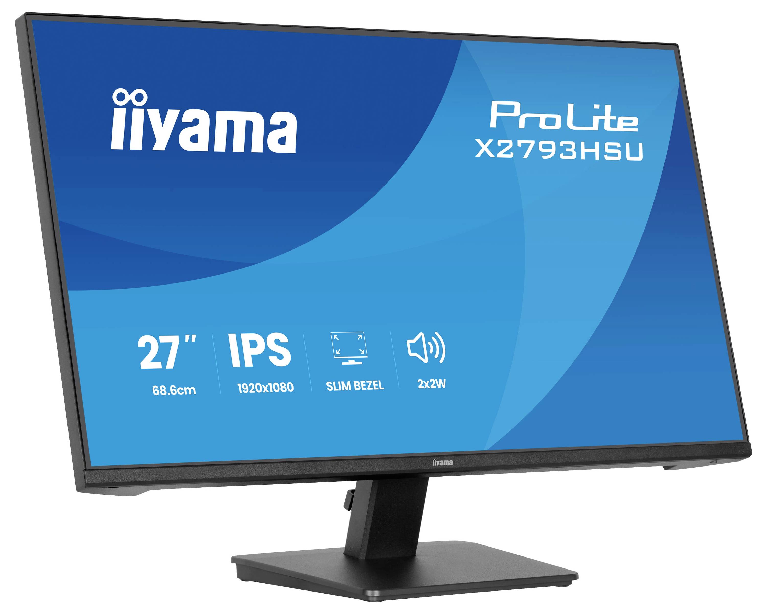Monitor iiyama ProLite X2793HSU s úhlopříčkou 27 palců zobrazující specifikace: 68,6cm, IPS, 1920x1080, úzký rámeček, 2x2W reproduktory.