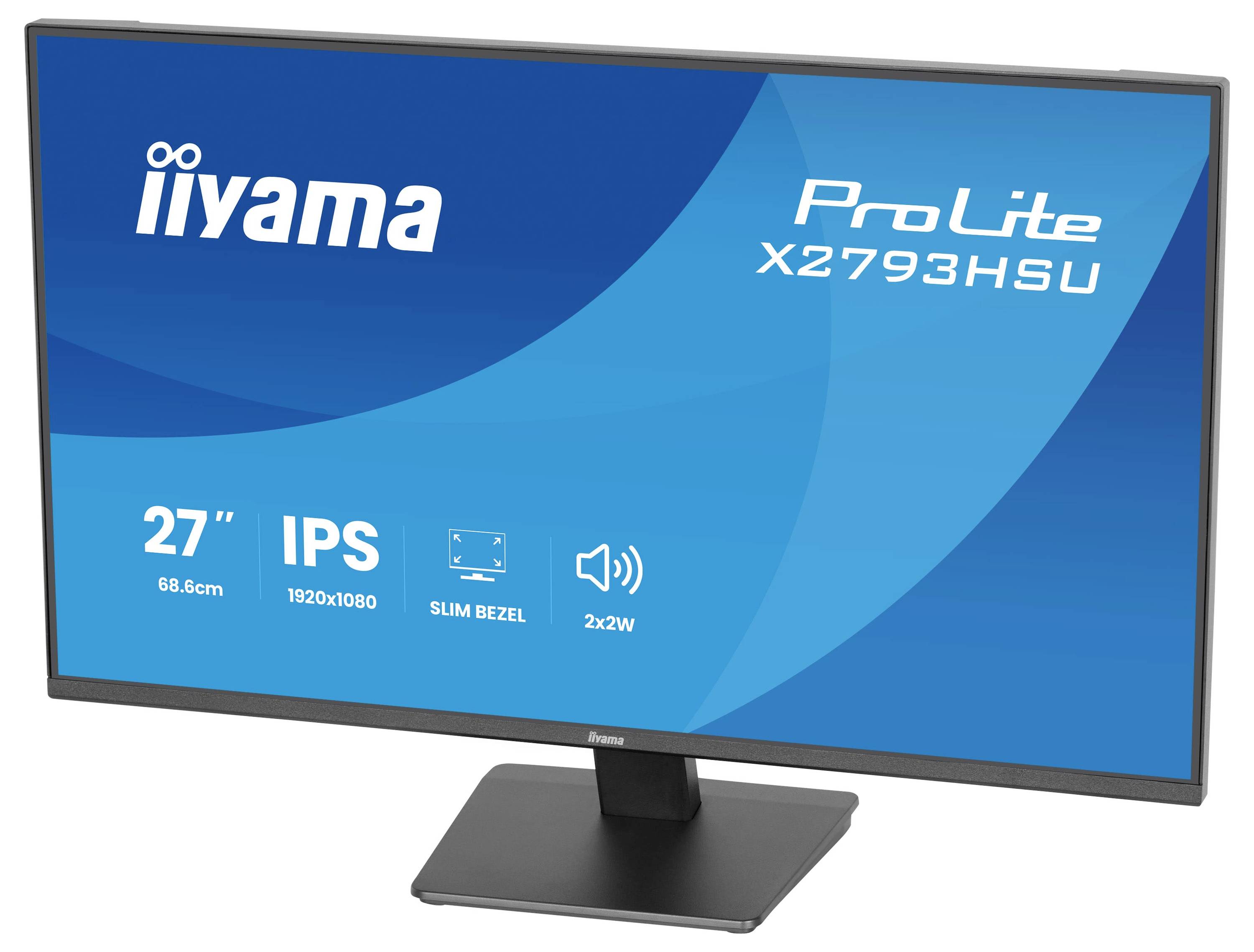 Obrázek zobrazuje monitor Iiyama ProLite X2793HSU s 27palcovým IPS displejem, rozlišením 1920x1080, velmi úzkými rámečky a 2x2W reproduktory.