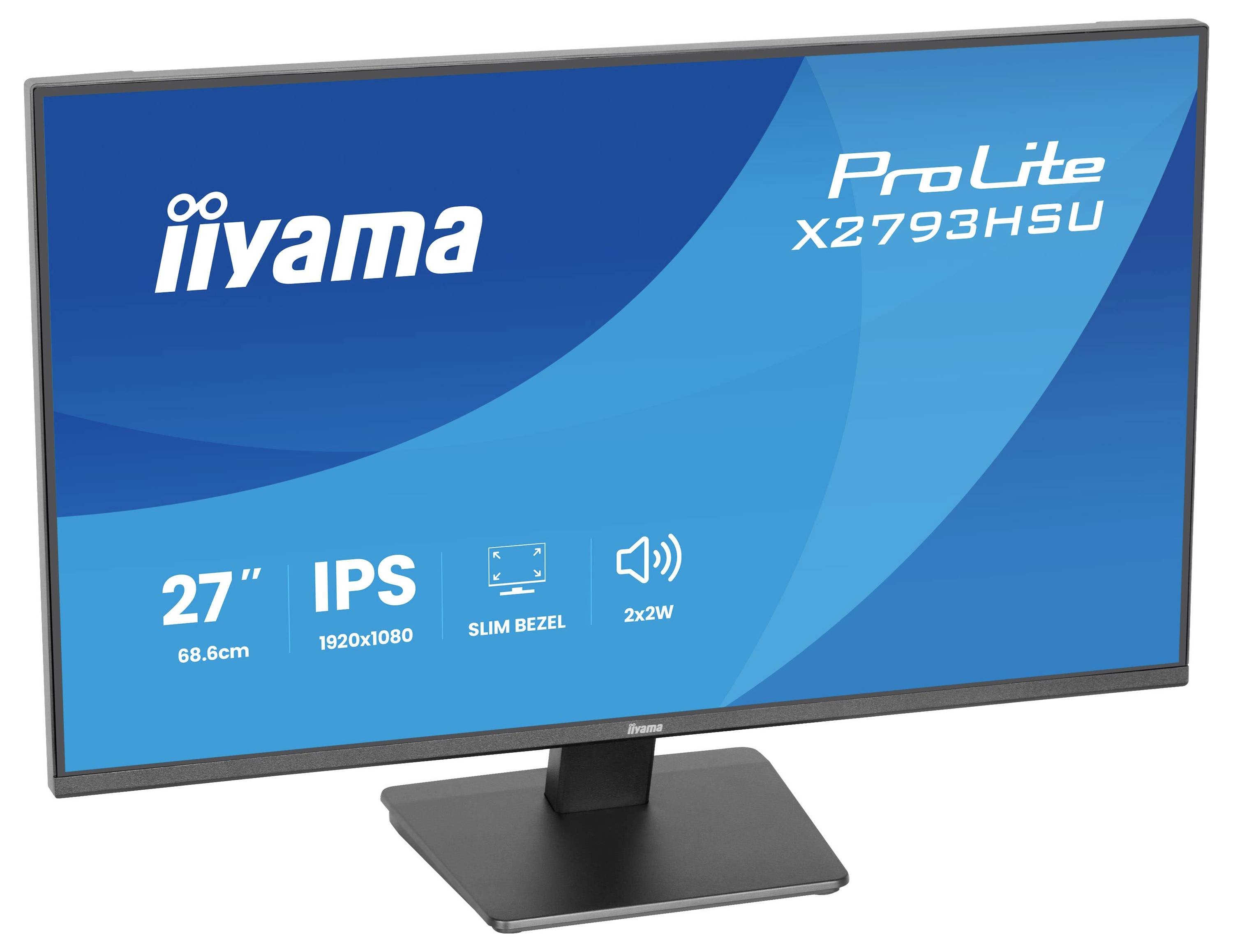 27palcový monitor Iiyama ProLite s úzkým rámečkem, s rozlišením 1920x1080, technologií IPS a dvojitými 2W reproduktory.