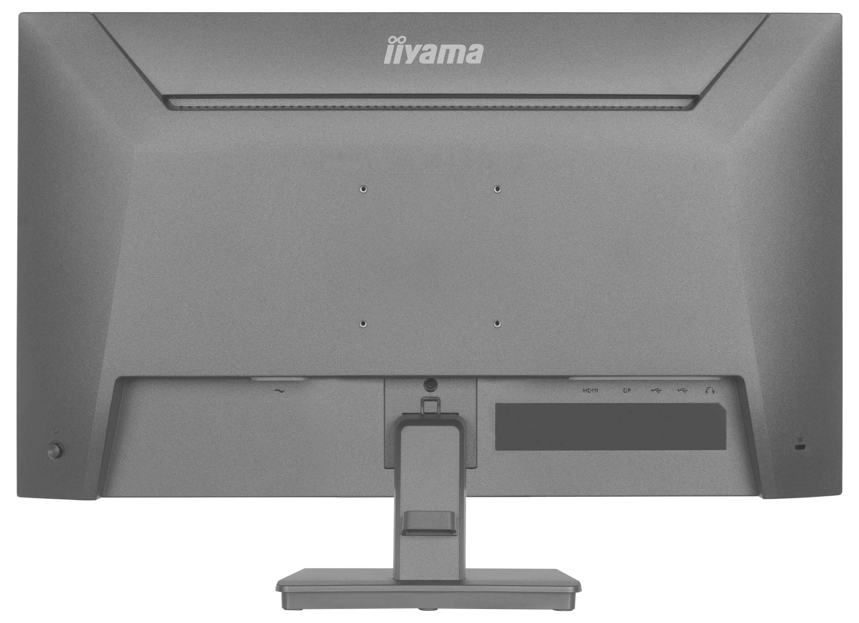 Na obrázku je vidět zadní strana šedého počítačového monitoru IIYAMA se stojanem. Nejsou viditelné žádné konektory nebo kabely.
