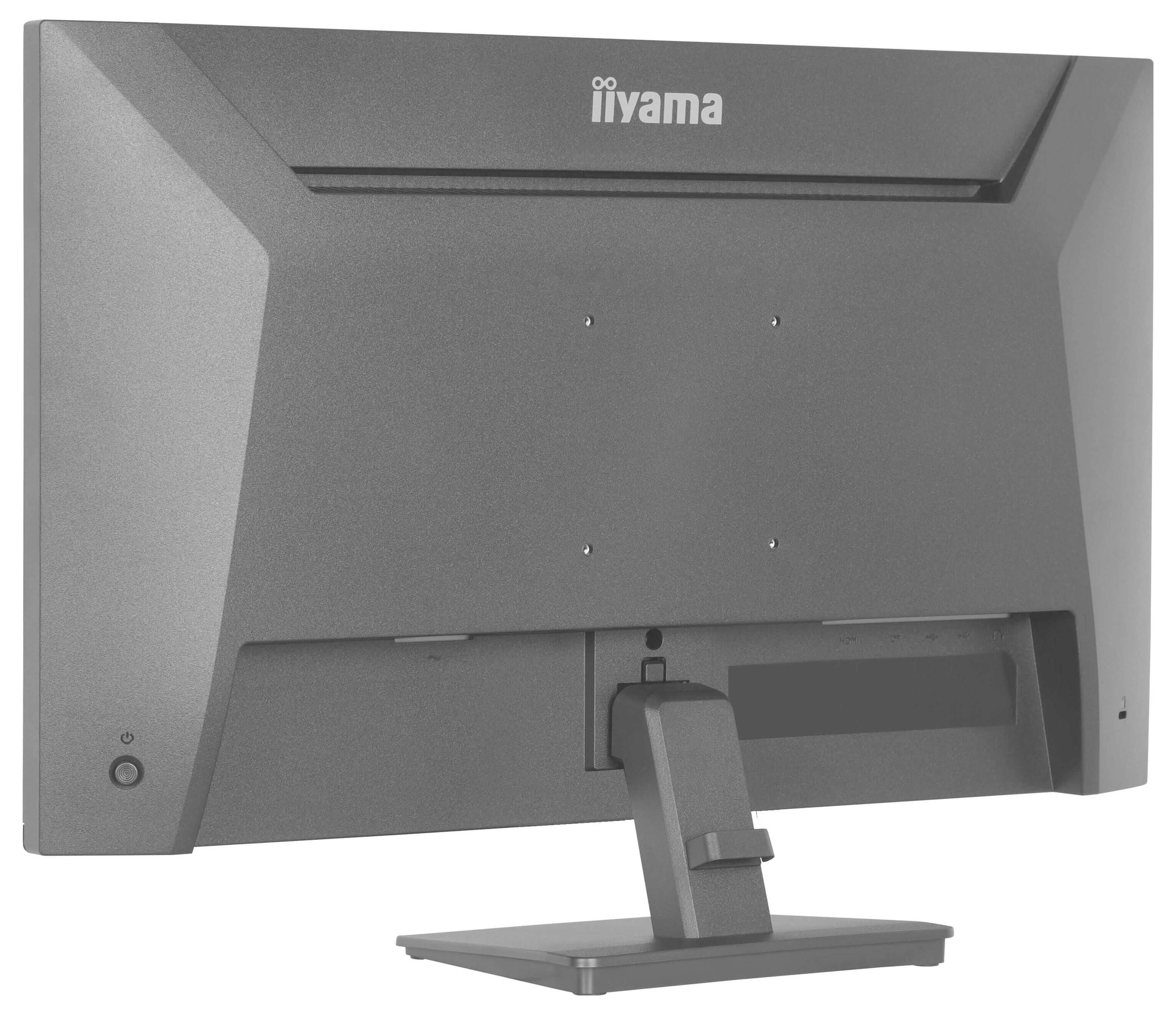 Zadní pohled na počítačový monitor iiyama s obdélníkovou základnou a centrálním stojanem. Zadní panel má minimalistický design.