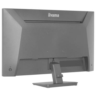 Zadní pohled na počítačový monitor iiyama s obdélníkovou základnou a centrálním stojanem. Zadní panel má minimalistický design.