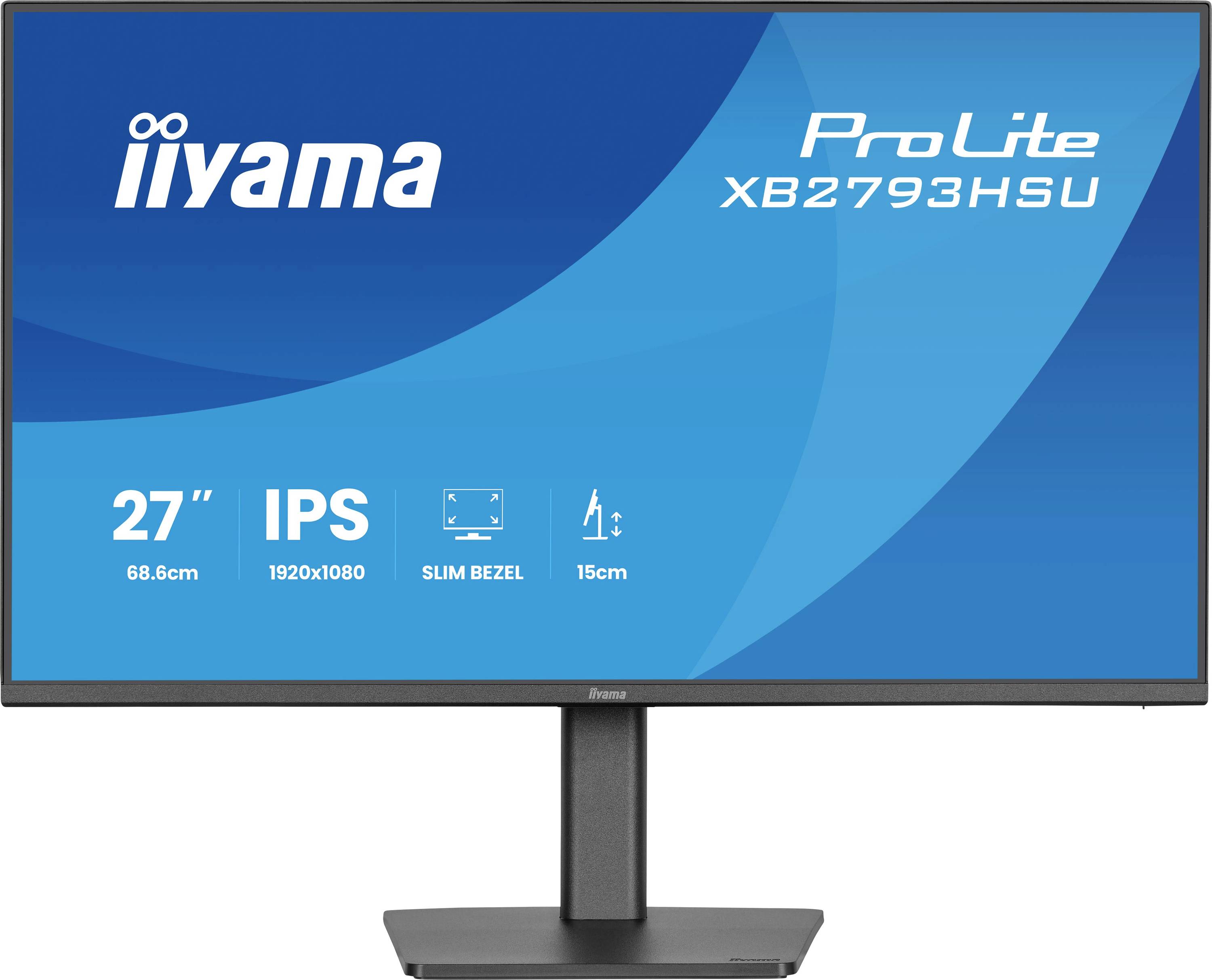 Displej monitoru zobrazující text: 'iiyama ProLite XB2793HSU' se specifikacemi: '27", 68,6cm, 1920x1080, IPS, Slim Bezel, 15cm'.