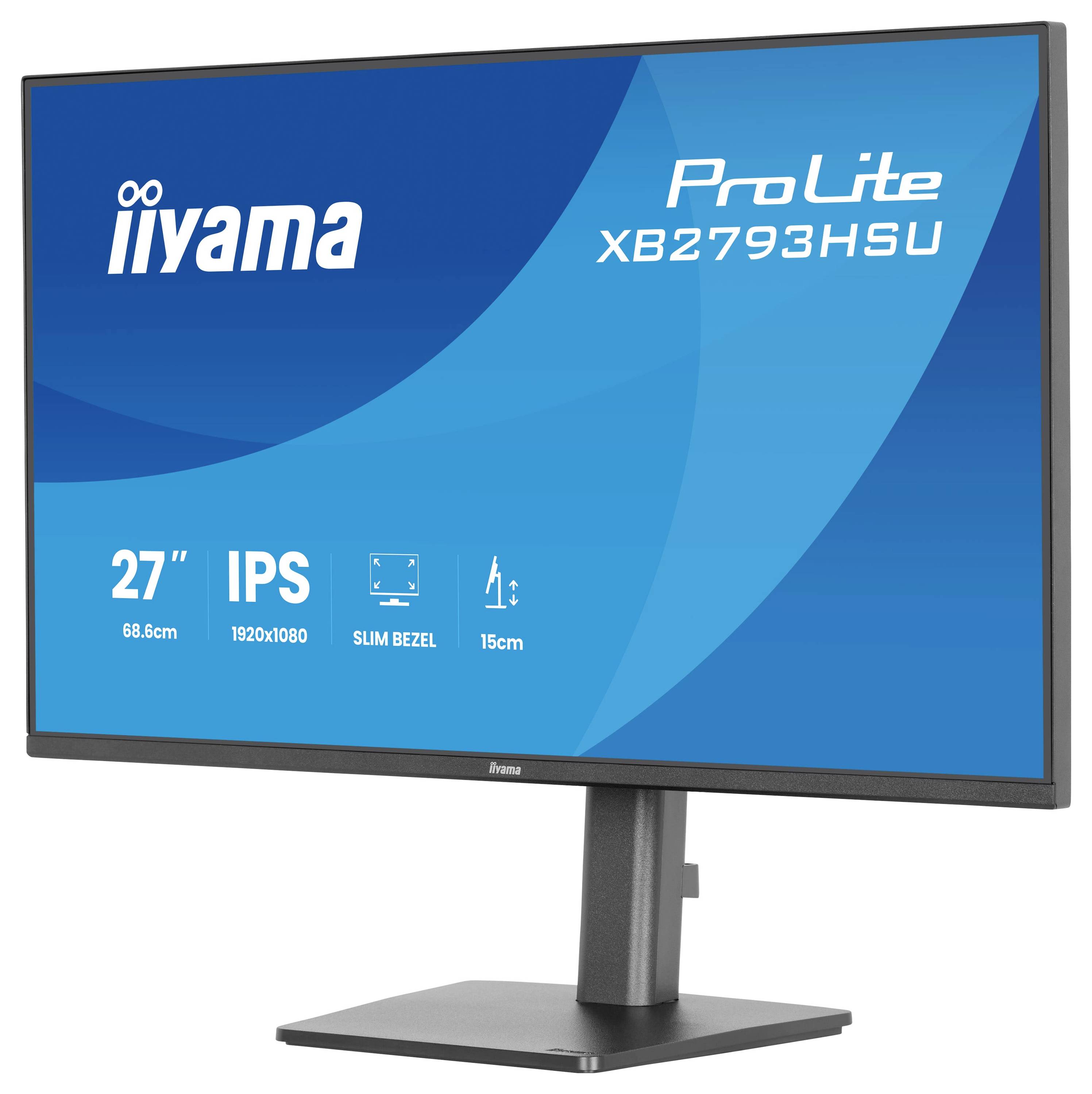 Monitor 'ProLite XB2793HSU' od společnosti Iiyama s 27palcovým IPS panelem, rozlišením 1920x1080, tenkým rámečkem a nastavitelným stojanem.