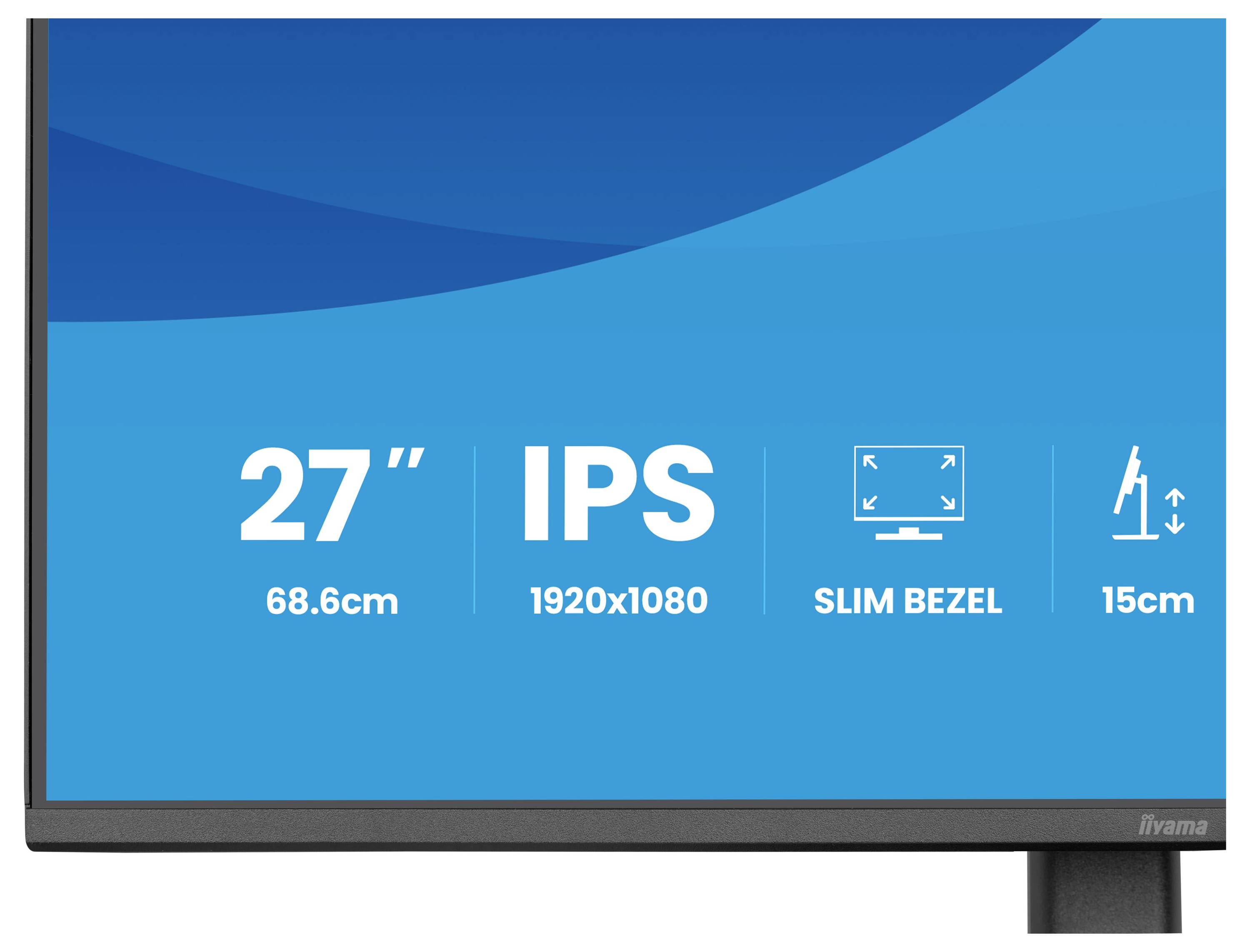 'Přední pohled na 27palcový monitor s IPS displejem, rozlišením 1920x1080, tenkým rámečkem a stojanem s nastavitelnou výškou 15cm.'