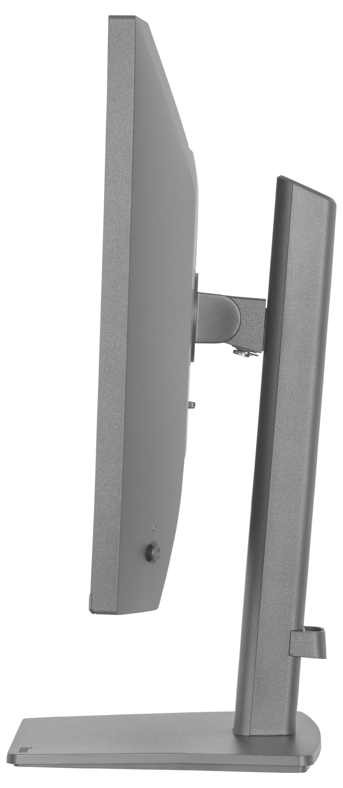Boční pohled na šedý počítačový monitor na stojanu, který ukazuje jeho štíhlý design a nastavitelnou funkci sklápění.