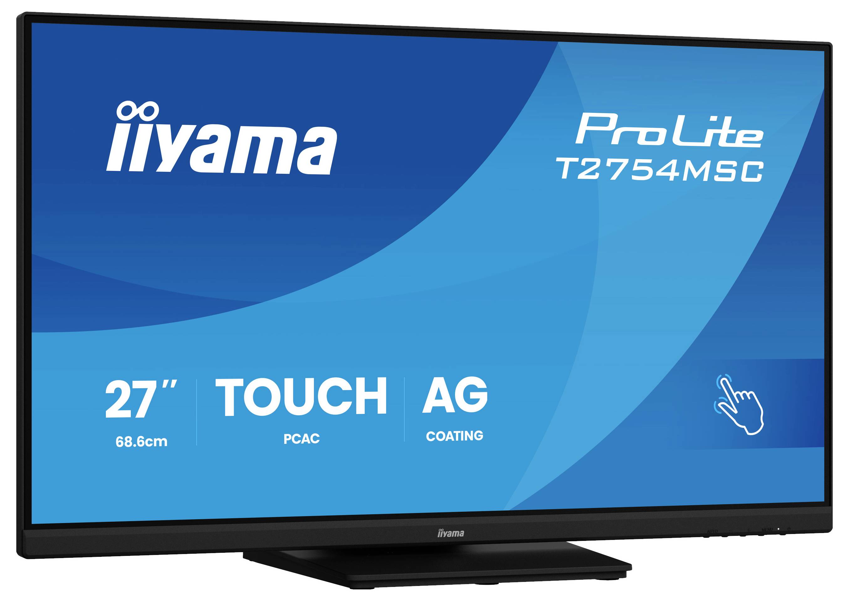 Dotykový monitor „iiyama ProLite T2754MSC", 27 palců, s matným povrchem, modrá obrazovka se zobrazením podrobností o produktu.