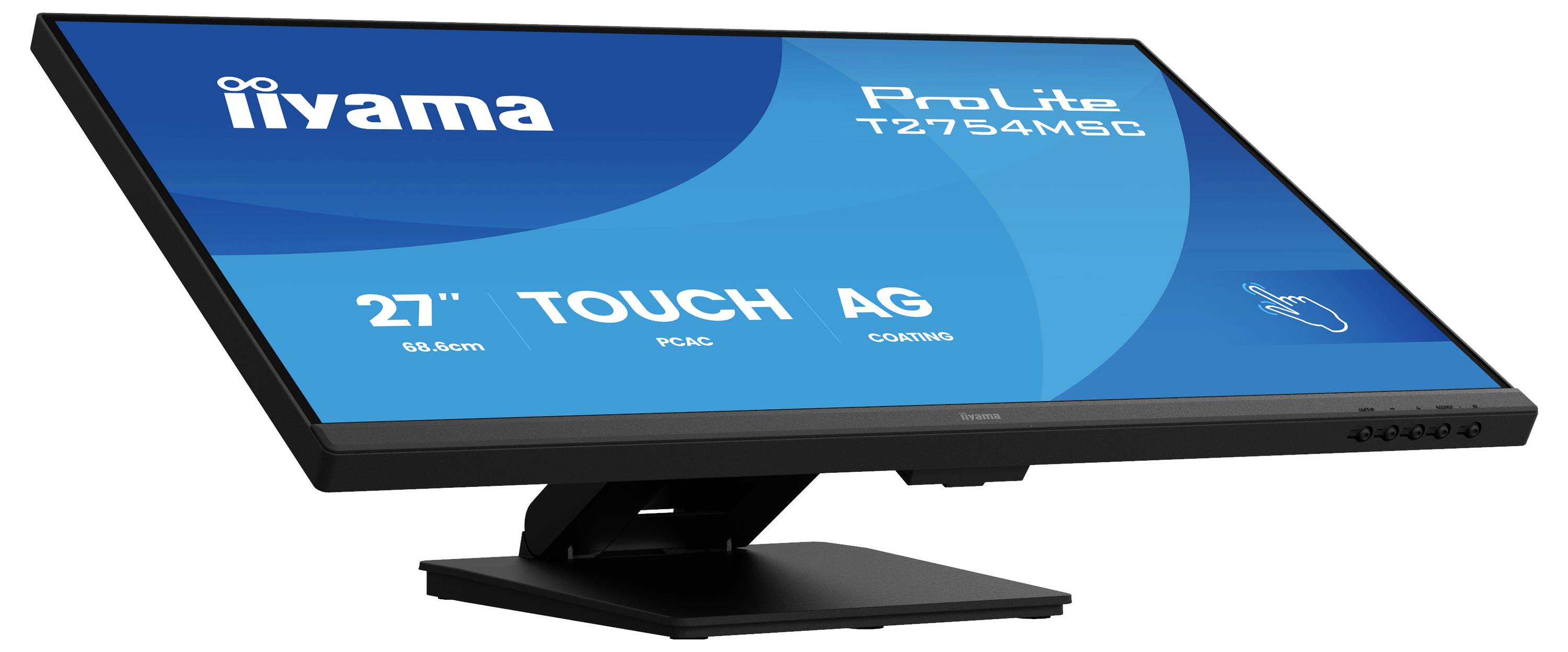 Dotykový monitor zobrazující specifikace: 'iiyama ProLite T2754MSC', '27"', 'TOUCH', 'AG', 'PCAP', 'COATING'. Nakloněný boční pohled.