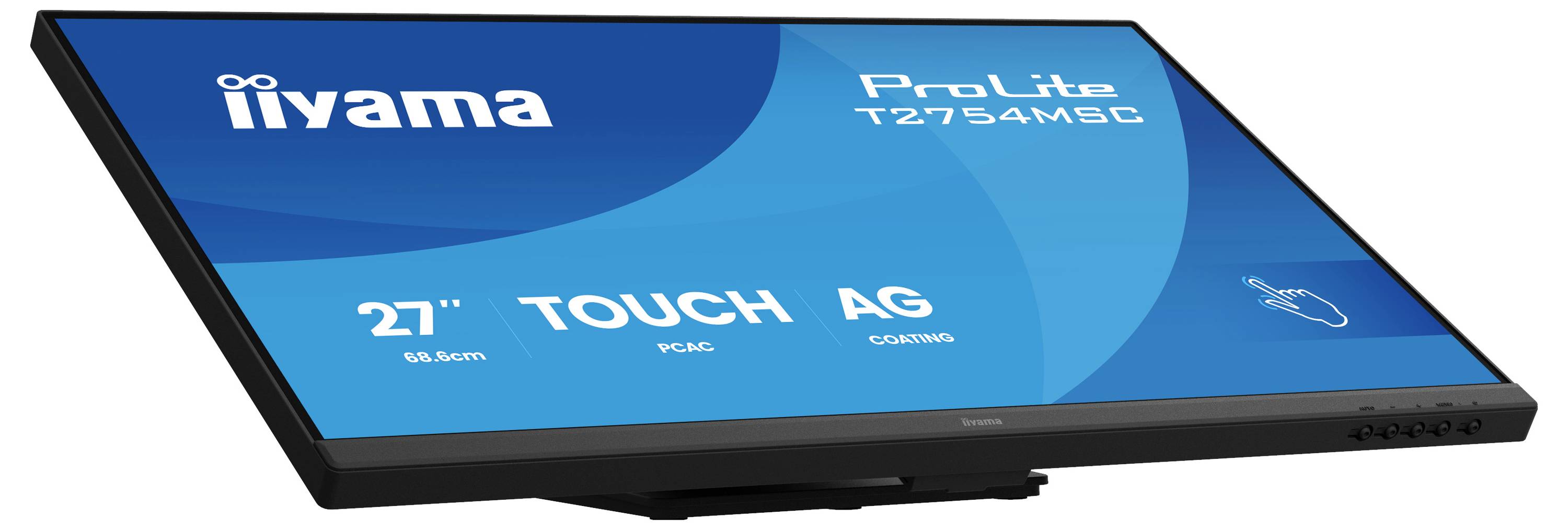Monitor Iiyama ProLite T2754MSC s 27palcovým dotykovým displejem; mezi funkce patří protireflexní povrch a kompatibilita s PC a Mac.