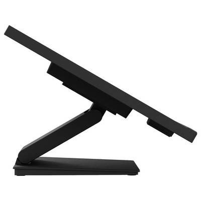Pohled ze strany na digitální grafický tablet na nastavitelném stojanu, naklonený pod úhlem, navržený pro ergonomické použití a tvůrčí práci.