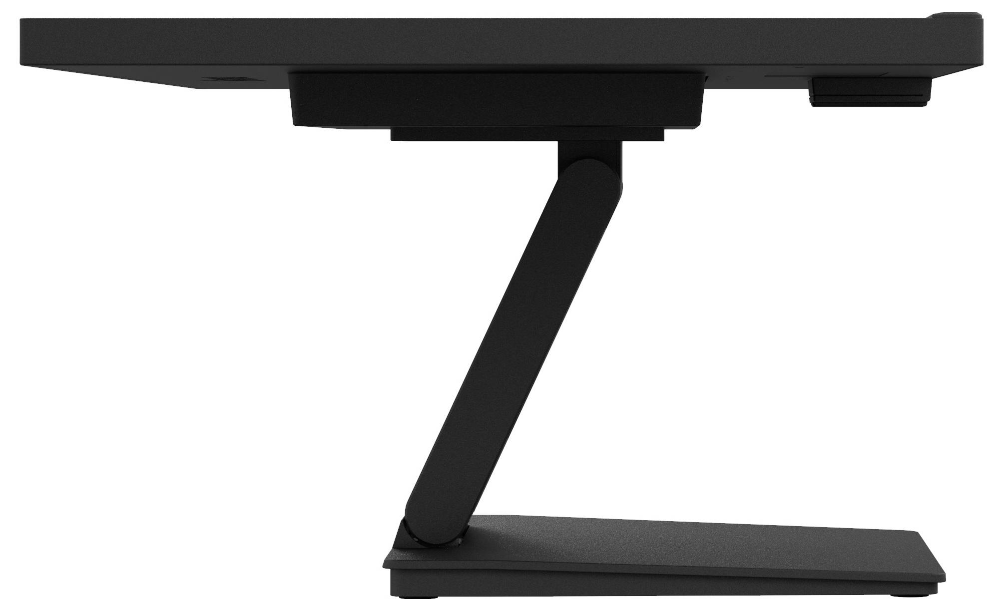 Boční pohled na černý monitor se Z-tvarem stojanu, který ukazuje jeho štíhlý design a funkci nastavitelné výšky.