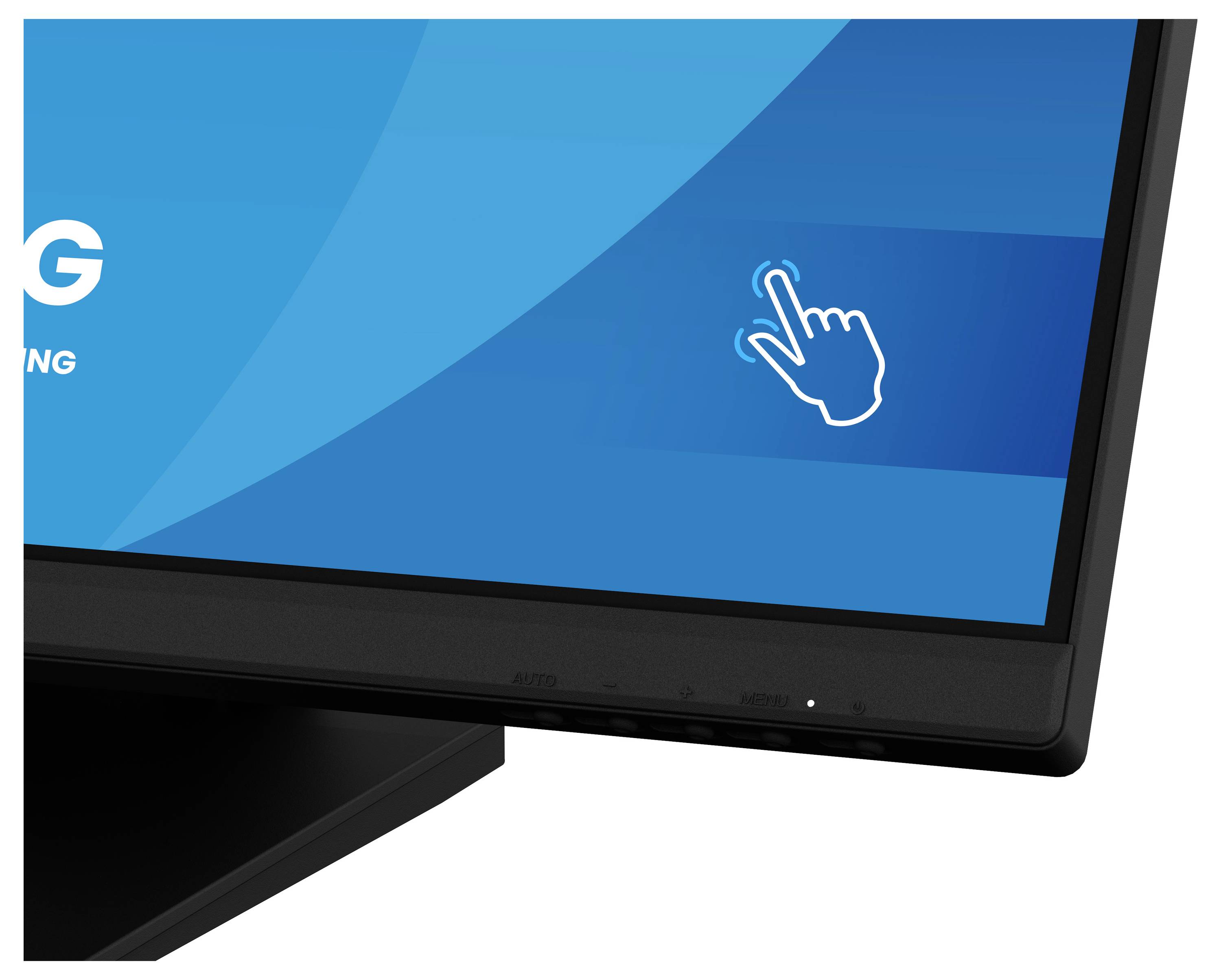 Černý počítačový monitor s modrou obrazovkou zobrazující bílou ikonu ruky poklepávající, což naznačuje funkci s podporou dotyku.