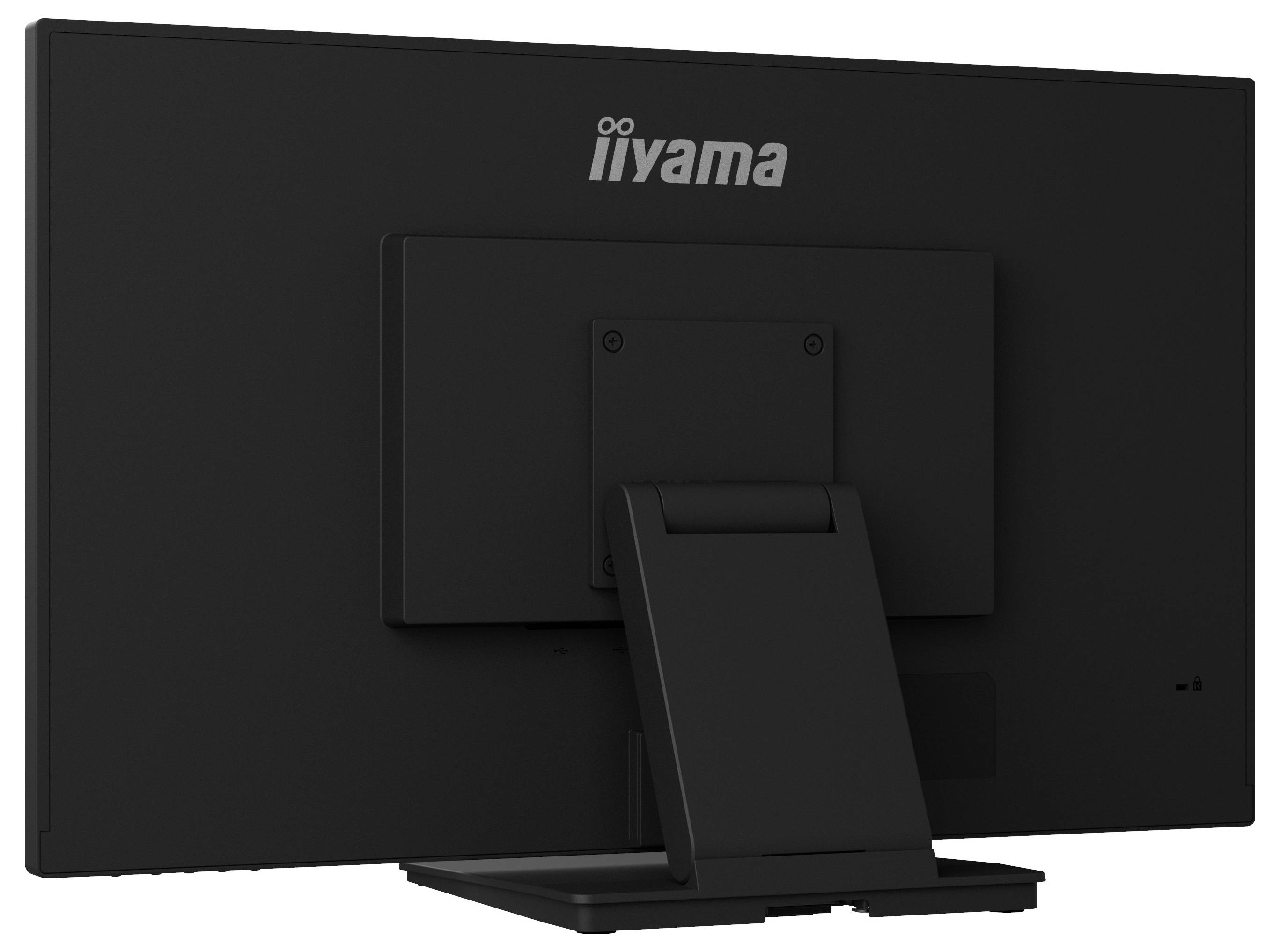 Černý počítačový monitor Iiyama pohledaný zezadu, ukazující podstavec a detaily zadního panelu.