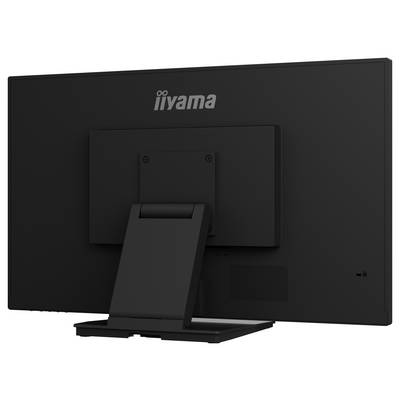 Černý počítačový monitor pohledaný zezadu, ukazující značku 'iiyama' a robustní stojan.