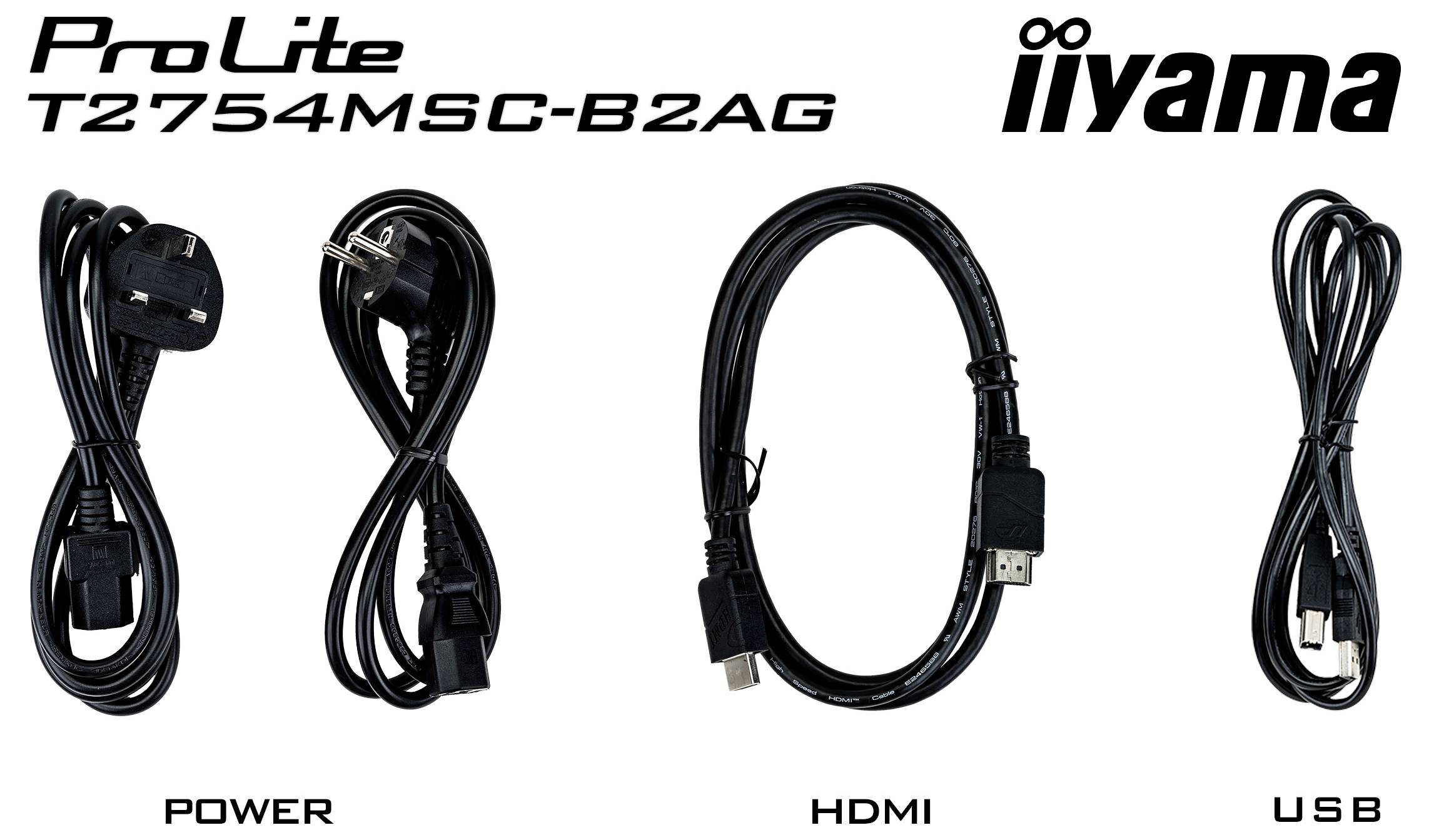 Tři kabely s označením "POWER", "HDMI" a "USB" jsou zobrazeny s textem "ProLite T2754MSC-B2AG" a "iiyama" v horní části.