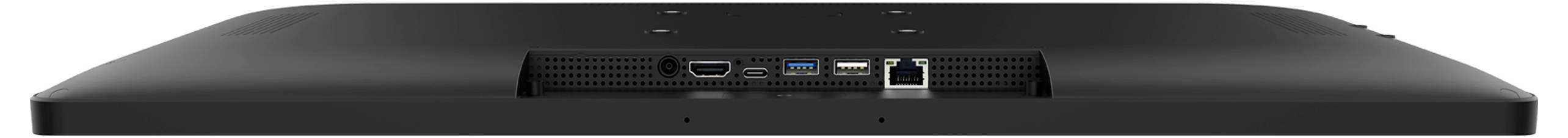 Zadní pohled na monitor s viditelným porty: HDMI, VGA, USB a Ethernet porty umístěné uprostřed panelu.