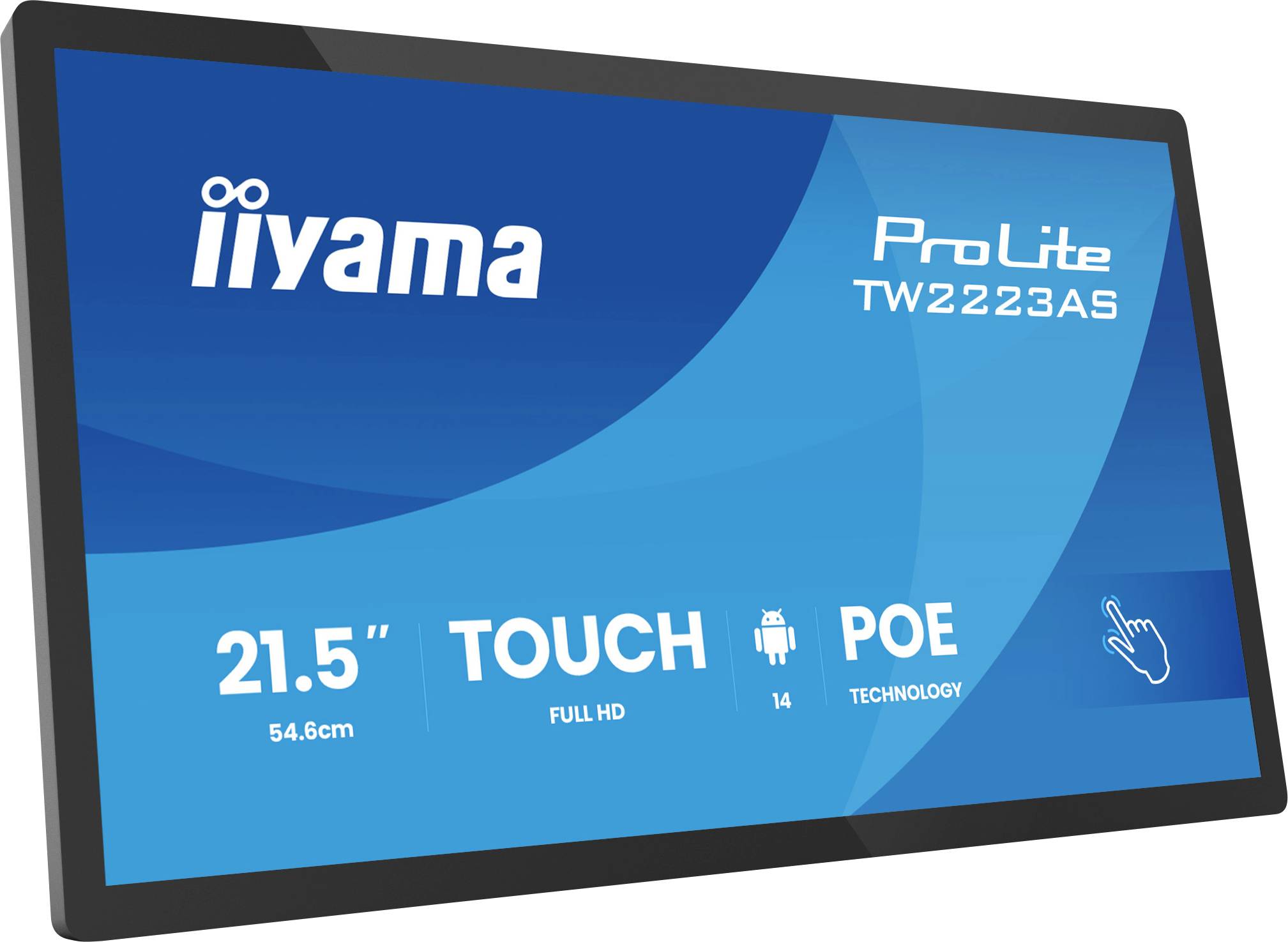iiyama ProLite TW2223AS dotykový monitor, 21,5 palců, Full HD, Android, technologie PoE, modrý a černý design.