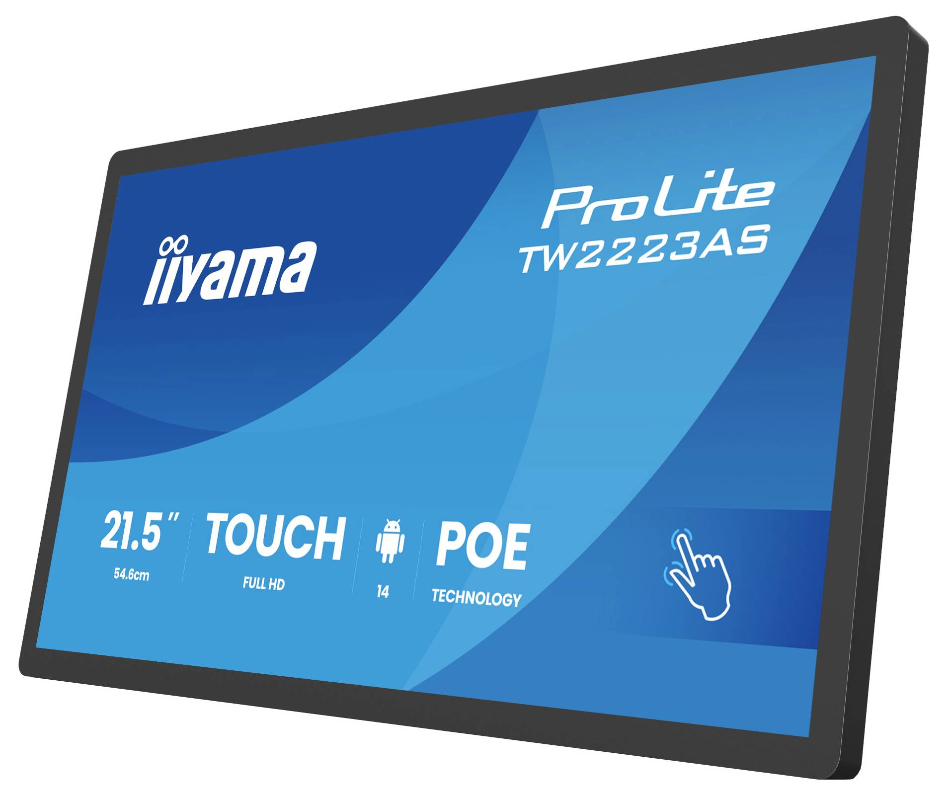 Dotykový panel označený "ProLite TW2223AS" zobrazuje podrobnosti: 21,5" Full HD, Android, technologie PoE, značka Iiyama.