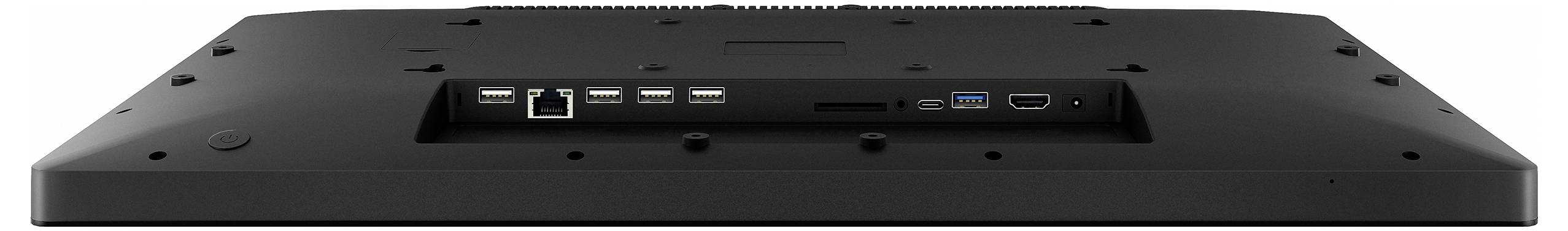 Zadní pohled na monitor zobrazující více портů připojení včetně USB, HDMI, Ethernetu a audio portů.