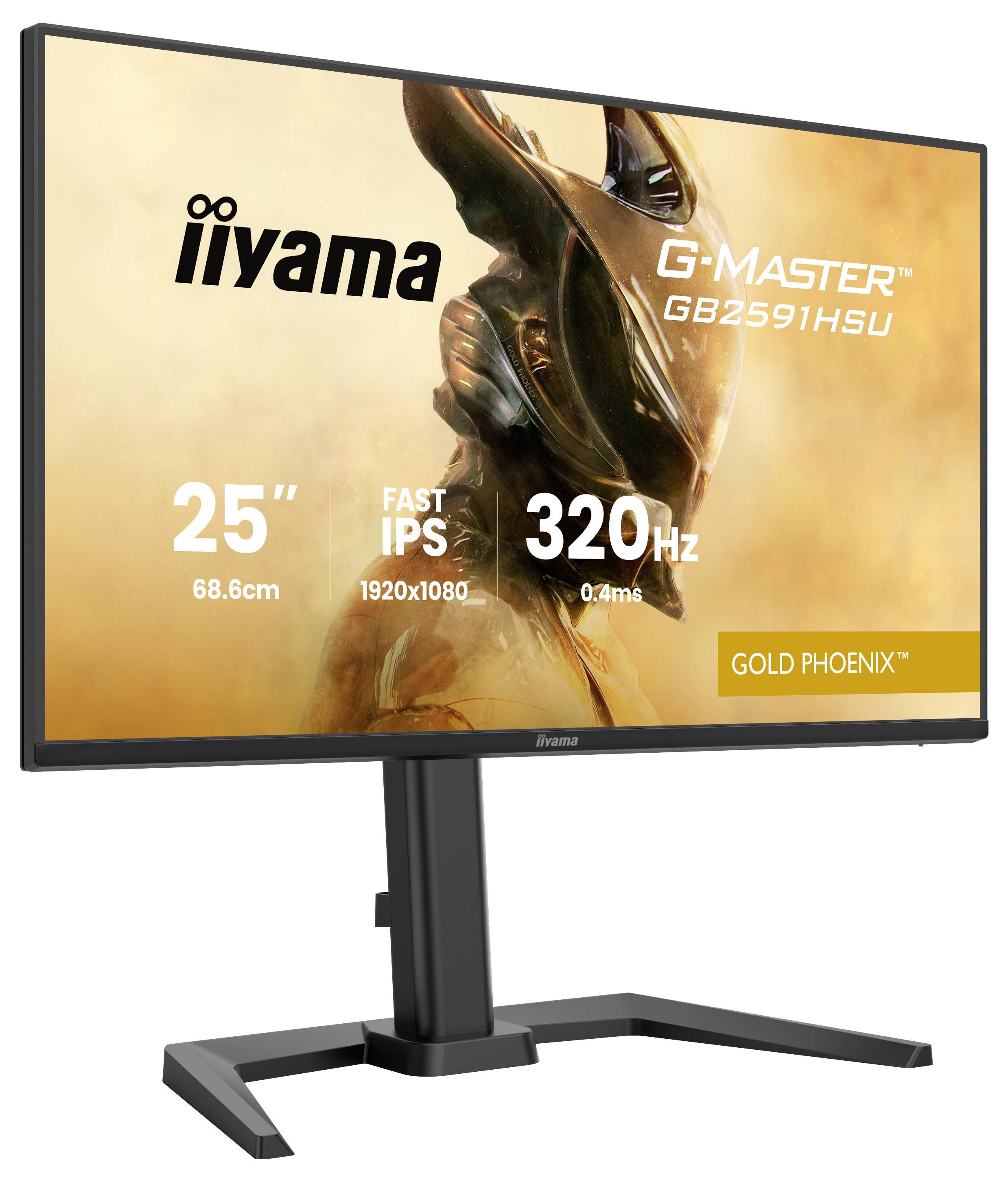 Monitor Iiyama G-Master GB2591HSU s technologií Fast IPS, 25palcovou obrazovkou, obnovovací frekvencí 320Hz, rozlišením 1920x1080 a designem 'Gold Phoenix'.