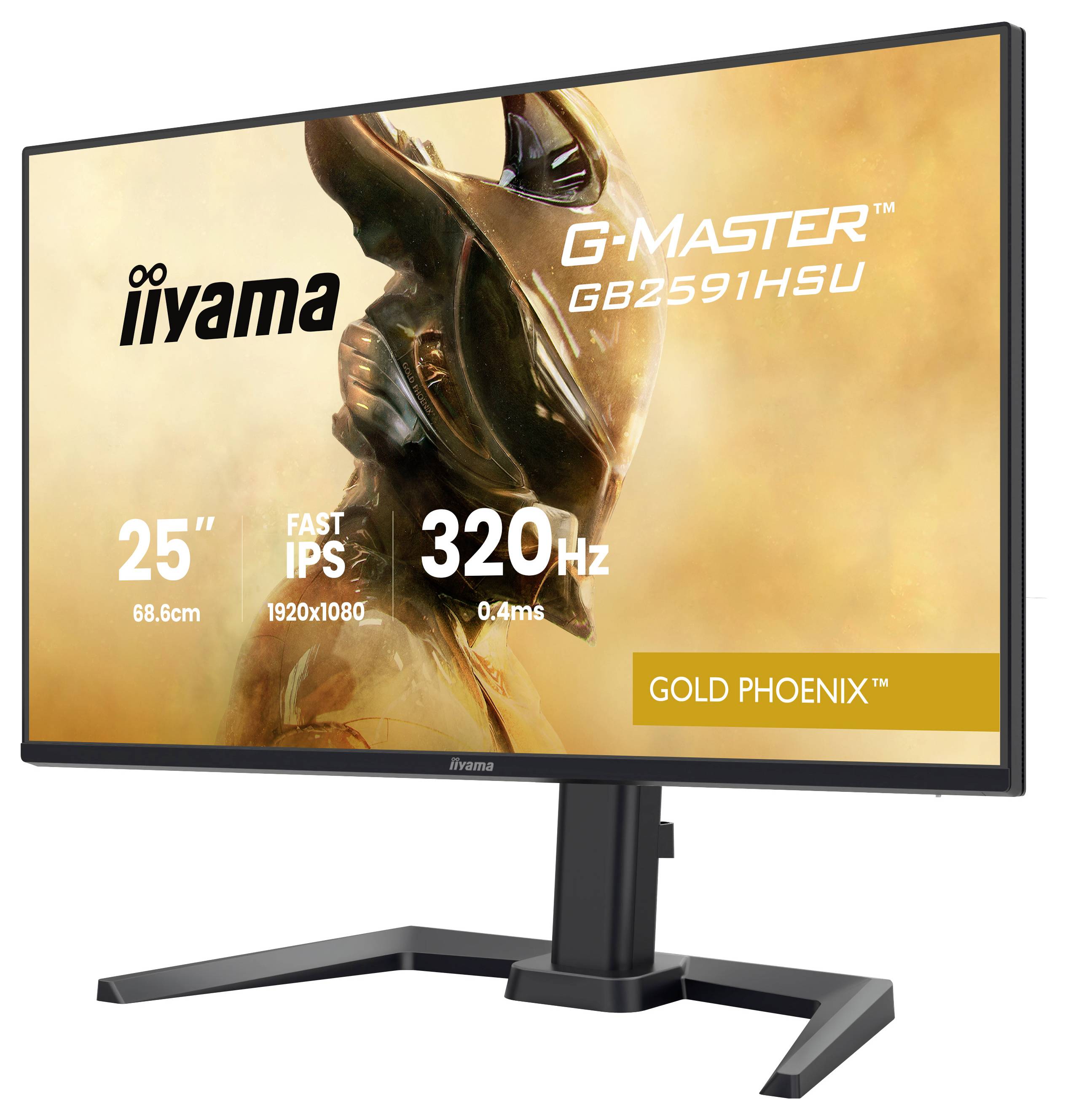 Monitor počítače 'iiyama G-Master GB2591HSU' označený jako 'Gold Phoenix', s 25palcovou obrazovkou, obnovovací frekvencí 320Hz a dobou odezvy 0,4ms.