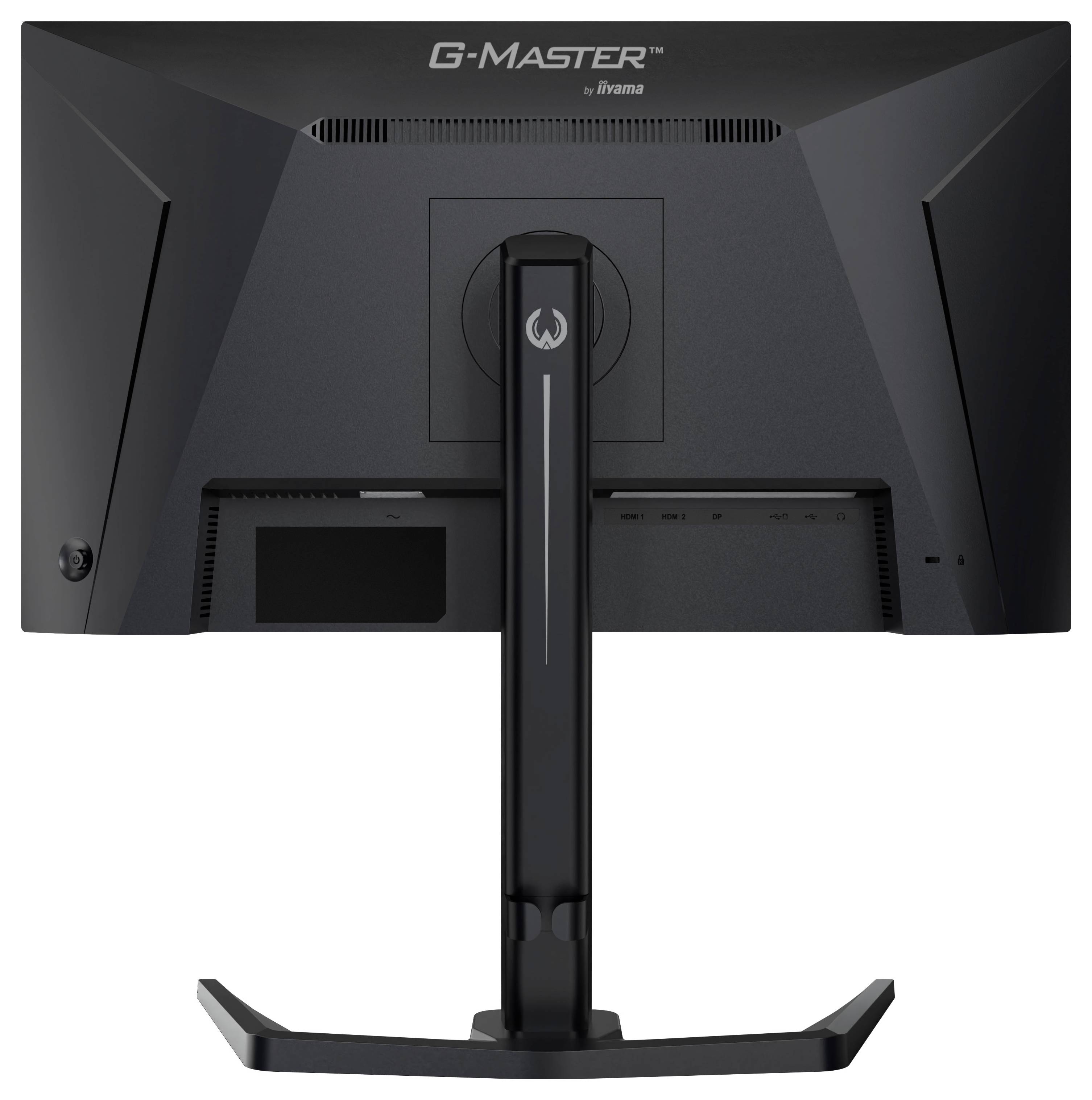 Obrázek ukazuje zadní stranu černého herního monitoru značky „G-Master" od společnosti iiyama s elegantním, úhlovitým designem a pevným podstavcem.
