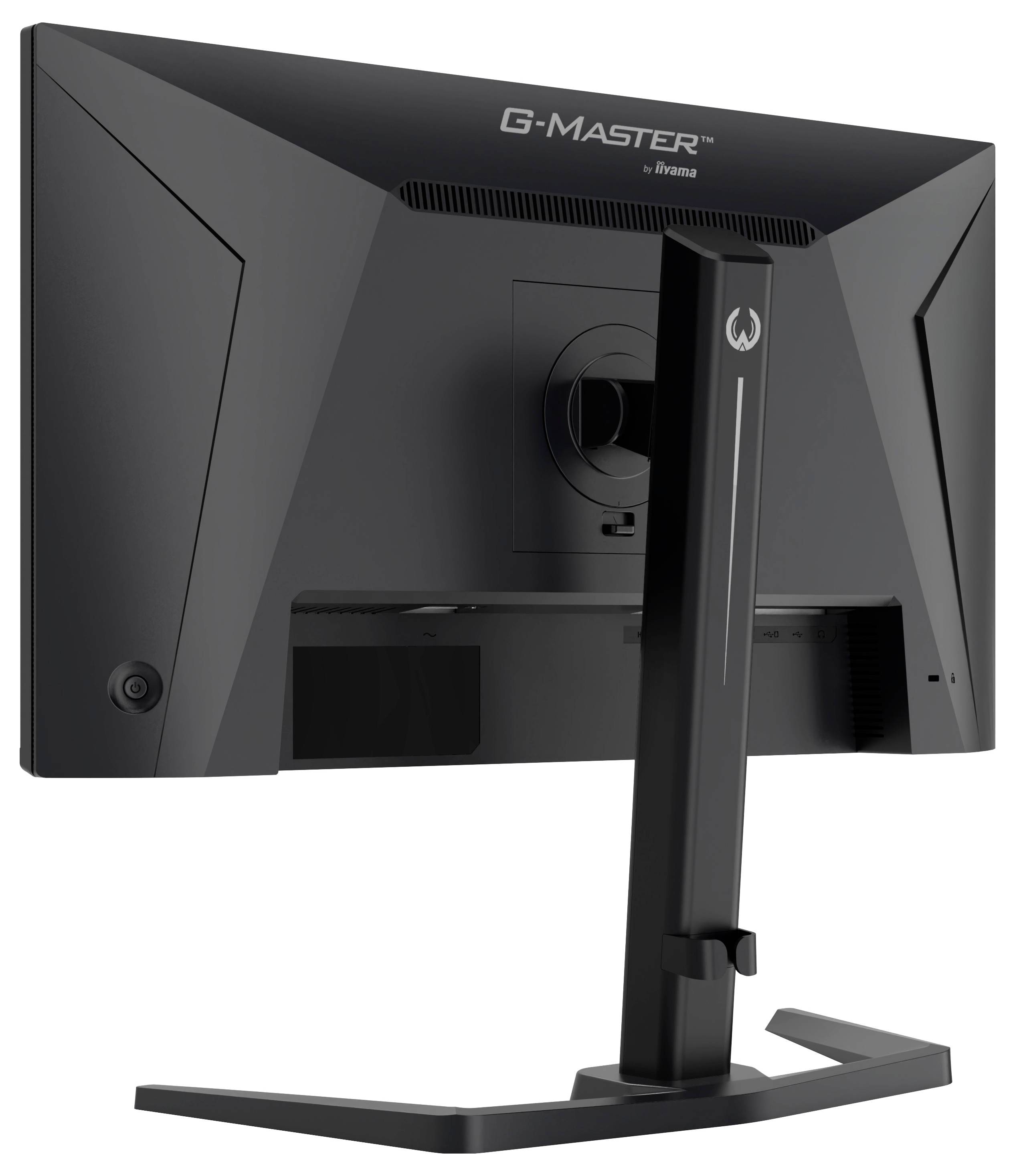 Černý počítačový monitor pohled zezadu, označený "G-Master" s moderním stojanem a úhlovaným designem.