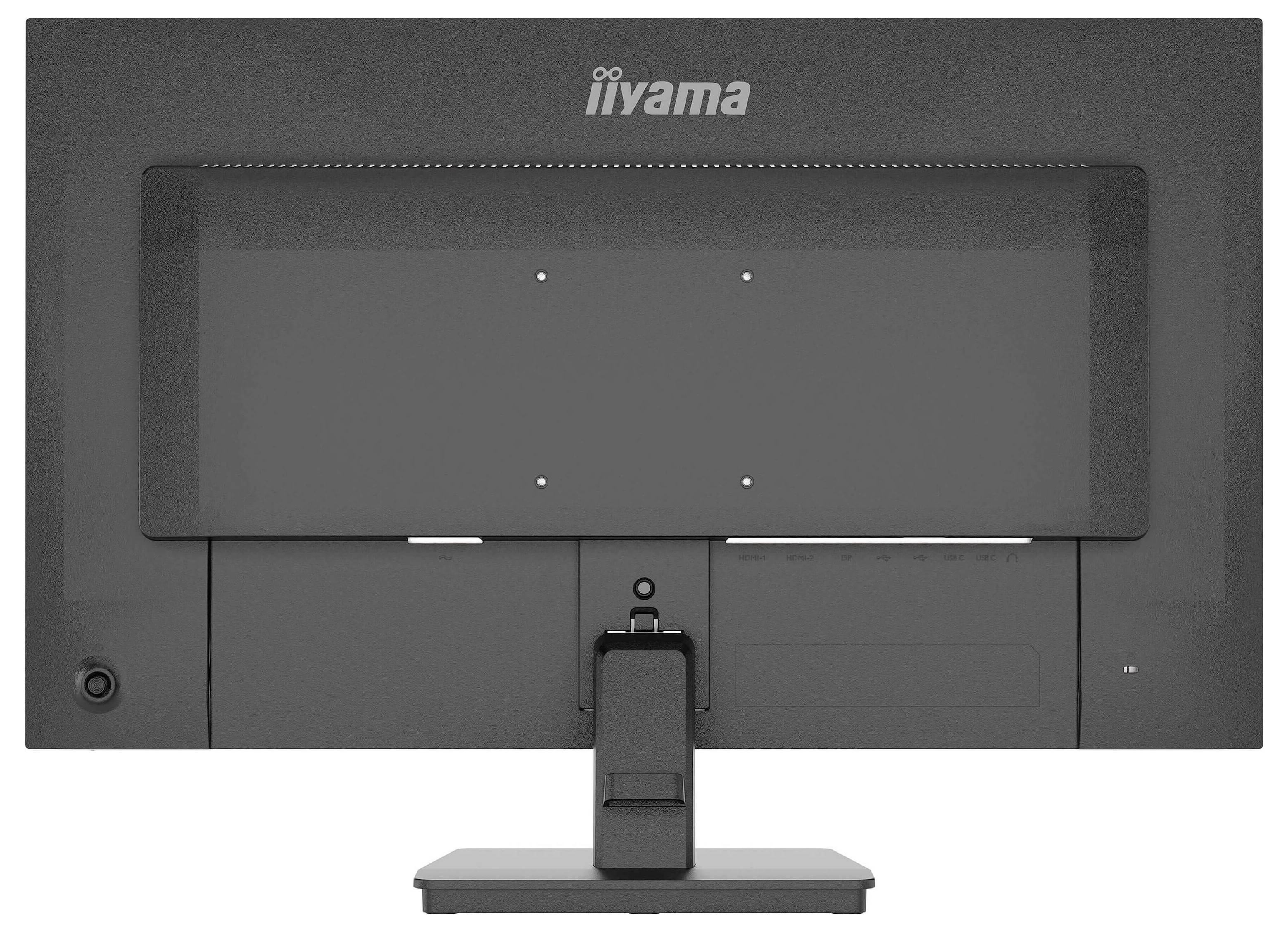 Zadní pohled na šedý počítačový monitor se středovým upevňovacím závěsem. Monitor má značku "iiyama" uprostřed nahoře.