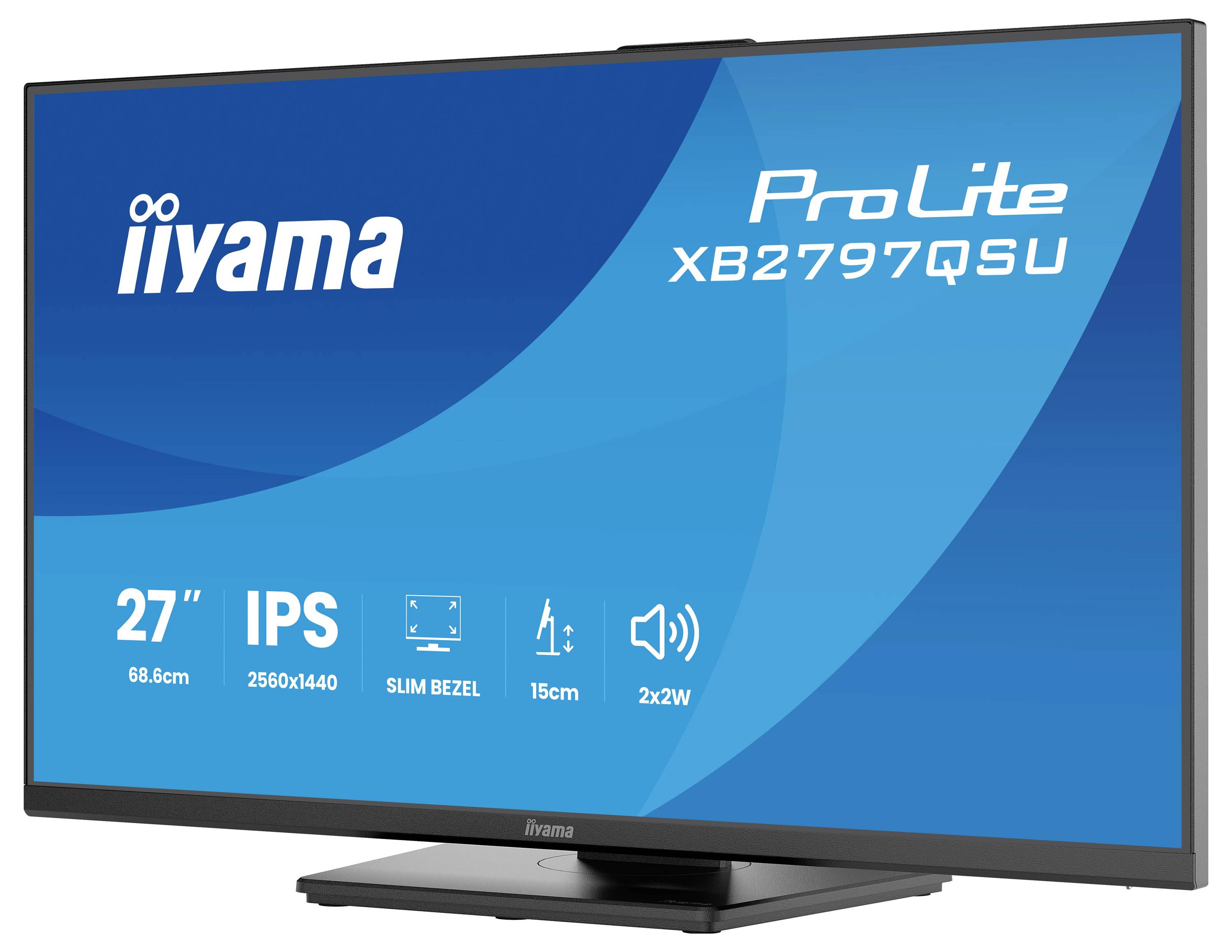 Monitor iiyama ProLite XB2797QSU, 27" IPS, rozlišení 2560x1440, tenký rám, hloubka 15 cm, reproduktory 2x2W.