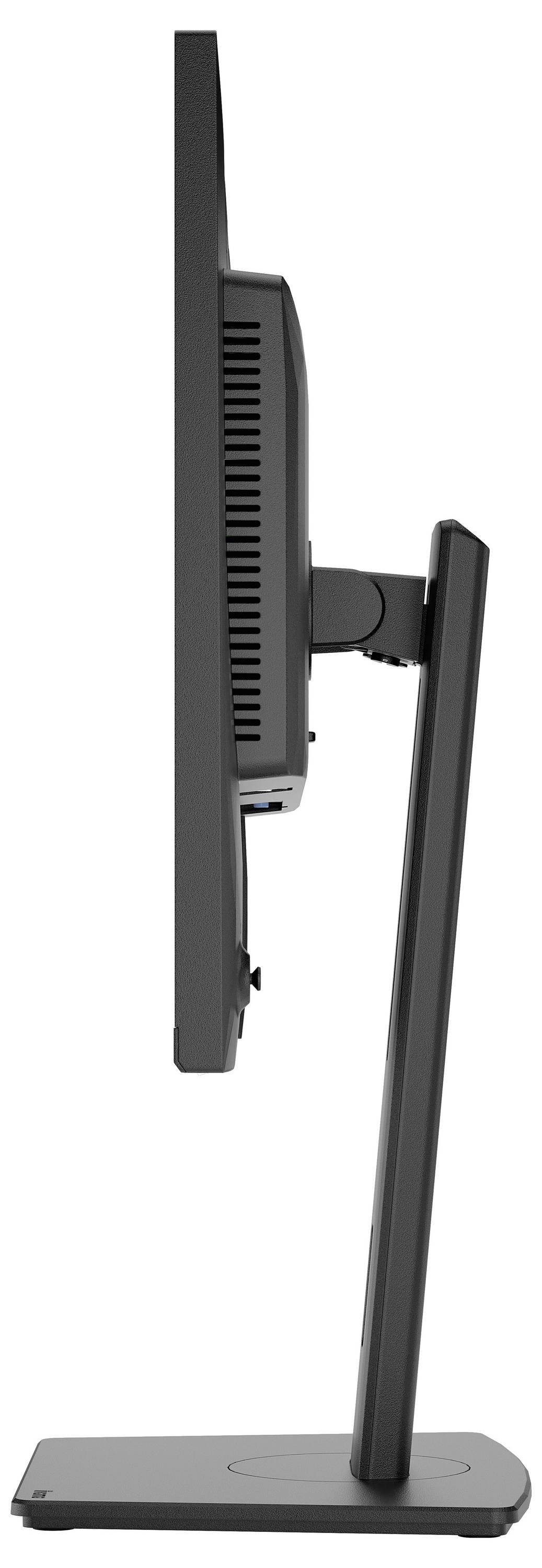Boční pohled na moderní plochý monitor na štíhlém stojanu, ukazující jeho tenký profil a minimalistický design.