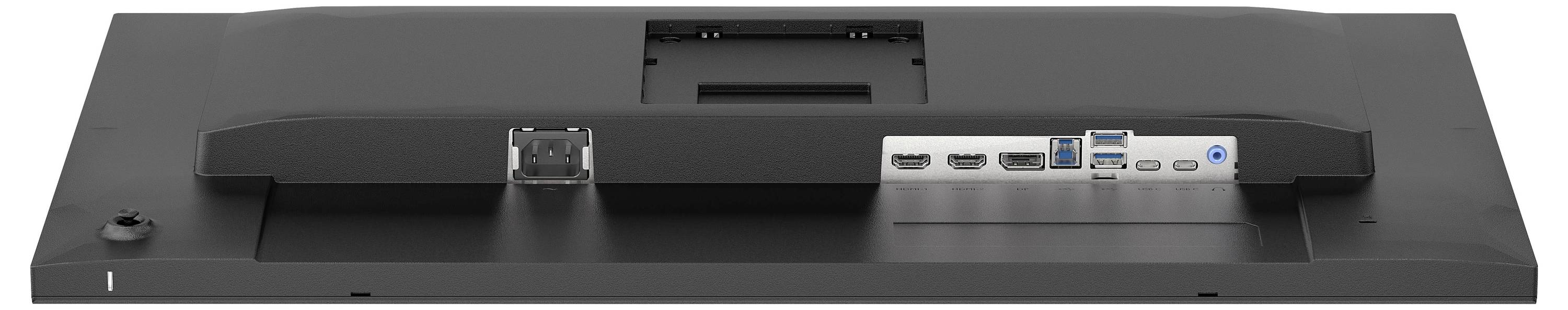 Plochý obrazovací monitor pohledán zezadu, zobrazující různé porty včetně HDMI, USB a možnosti připojení napájení.