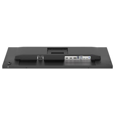 Plochý obrazovací monitor pohledán zezadu, zobrazující různé porty včetně HDMI, USB a možnosti připojení napájení.