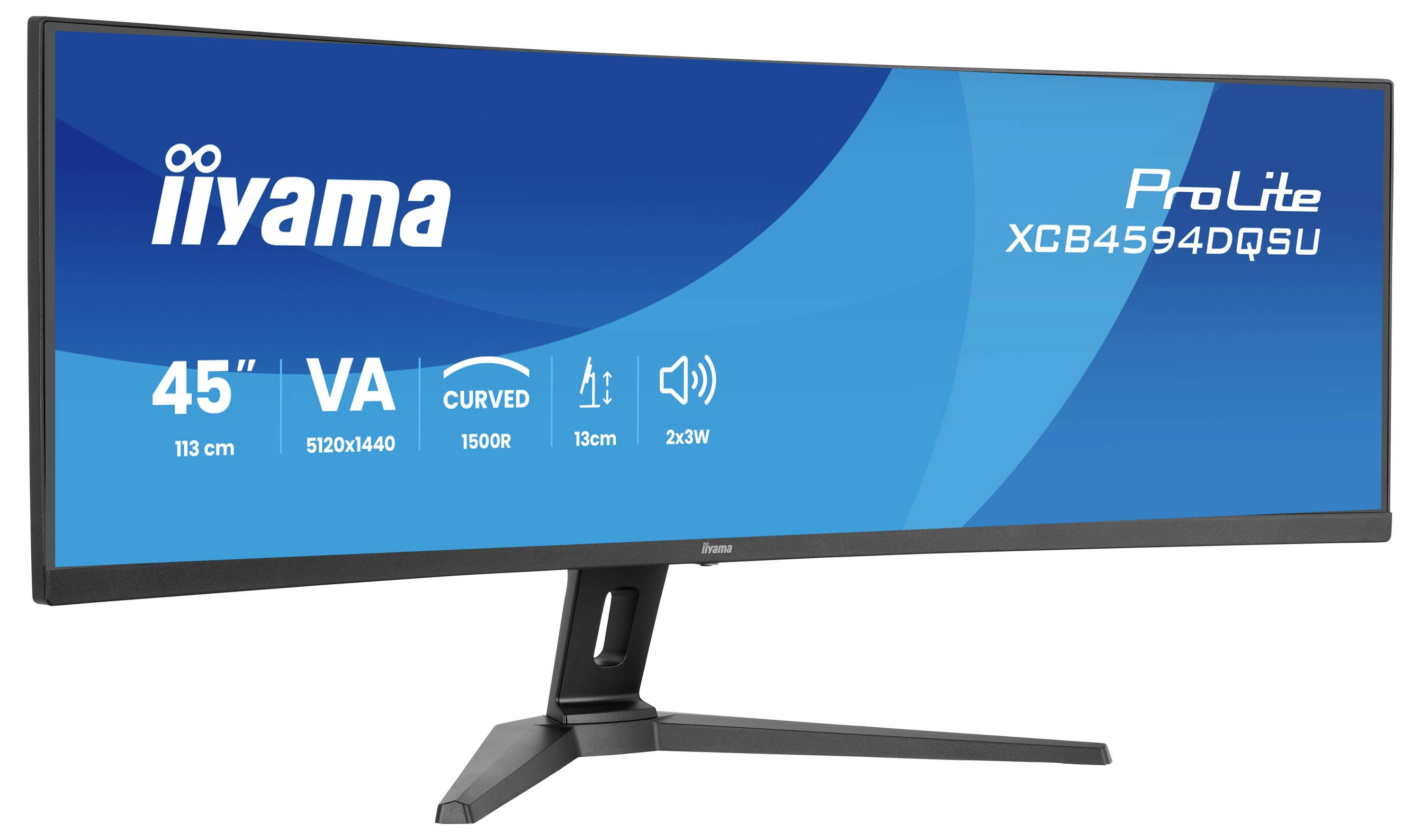 Zobrazován je široký zakřivený monitor iiyama ProLite o úhlopříčce 45 palců. Disponuje VA panelem s rozlišením 5120x1440 a integrovanými reproduktory.