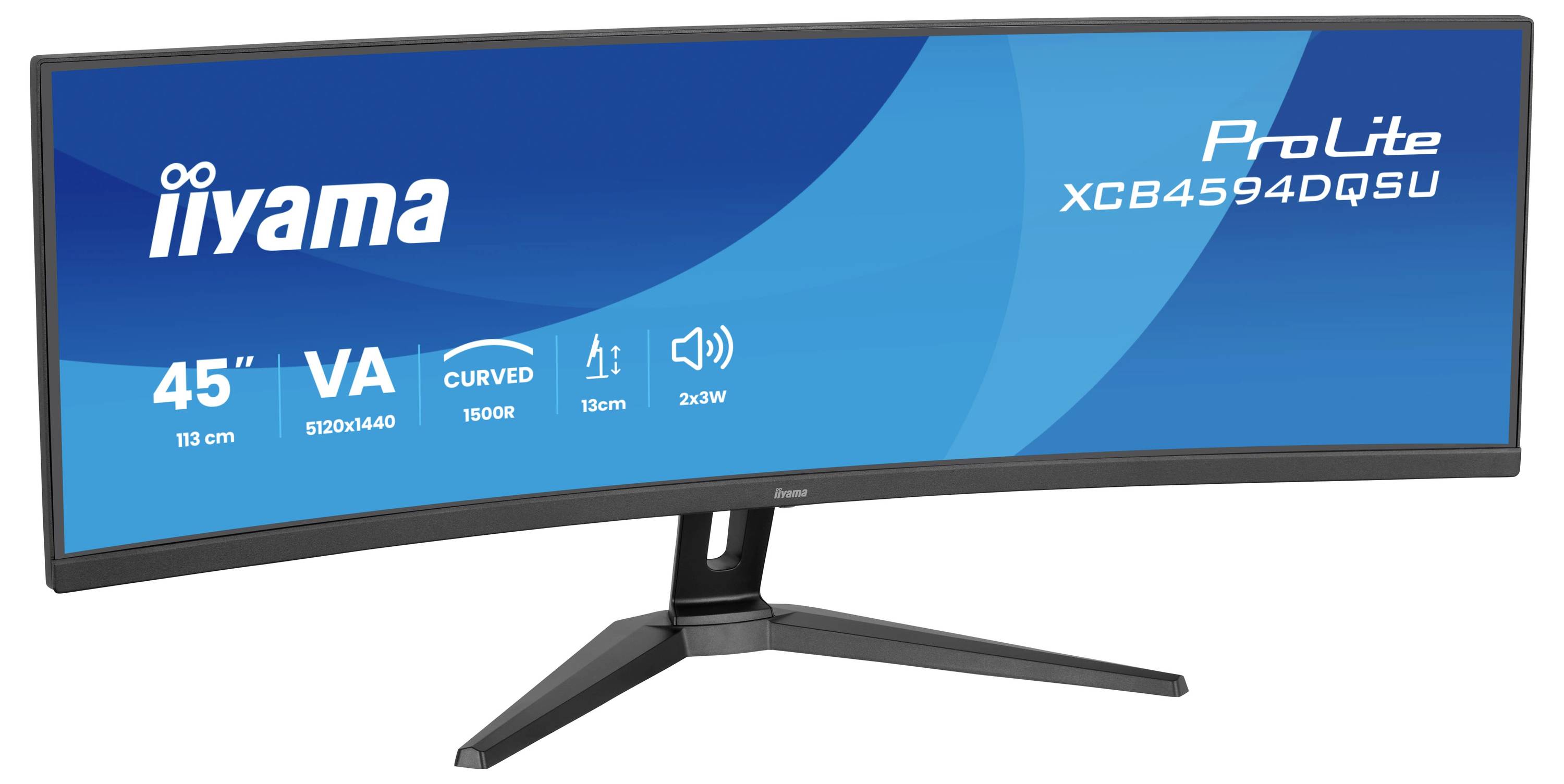 45palcový zakřivený ultraširoký monitor s rozlišením 5120x1440, VA panelem, zakřivením 1500R a duálními 5wattovými reproduktory.