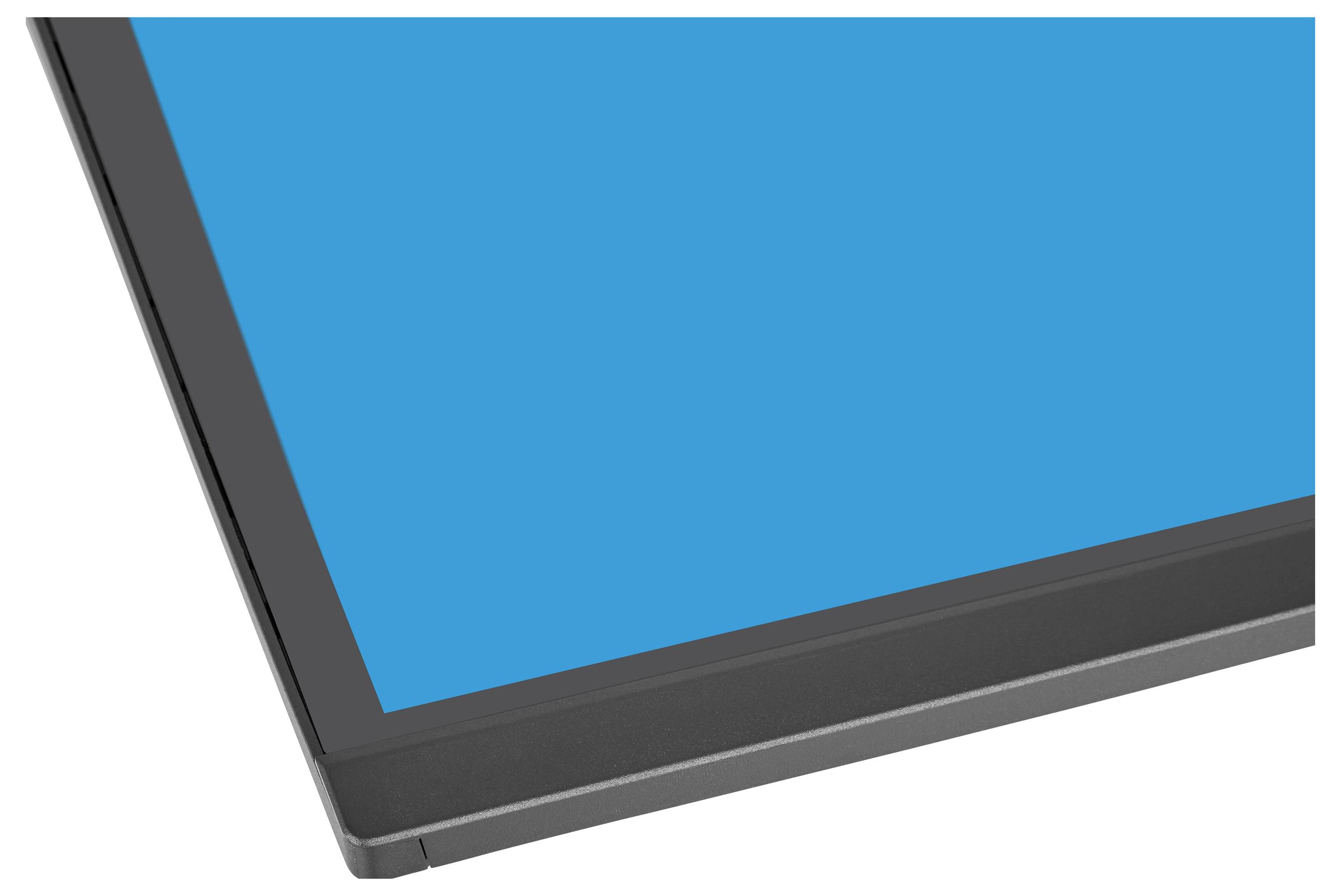 Část moderního notebookového displeje s modrým zobrazením na bílém pozadí, která zdůrazňuje tenký design rámečku.