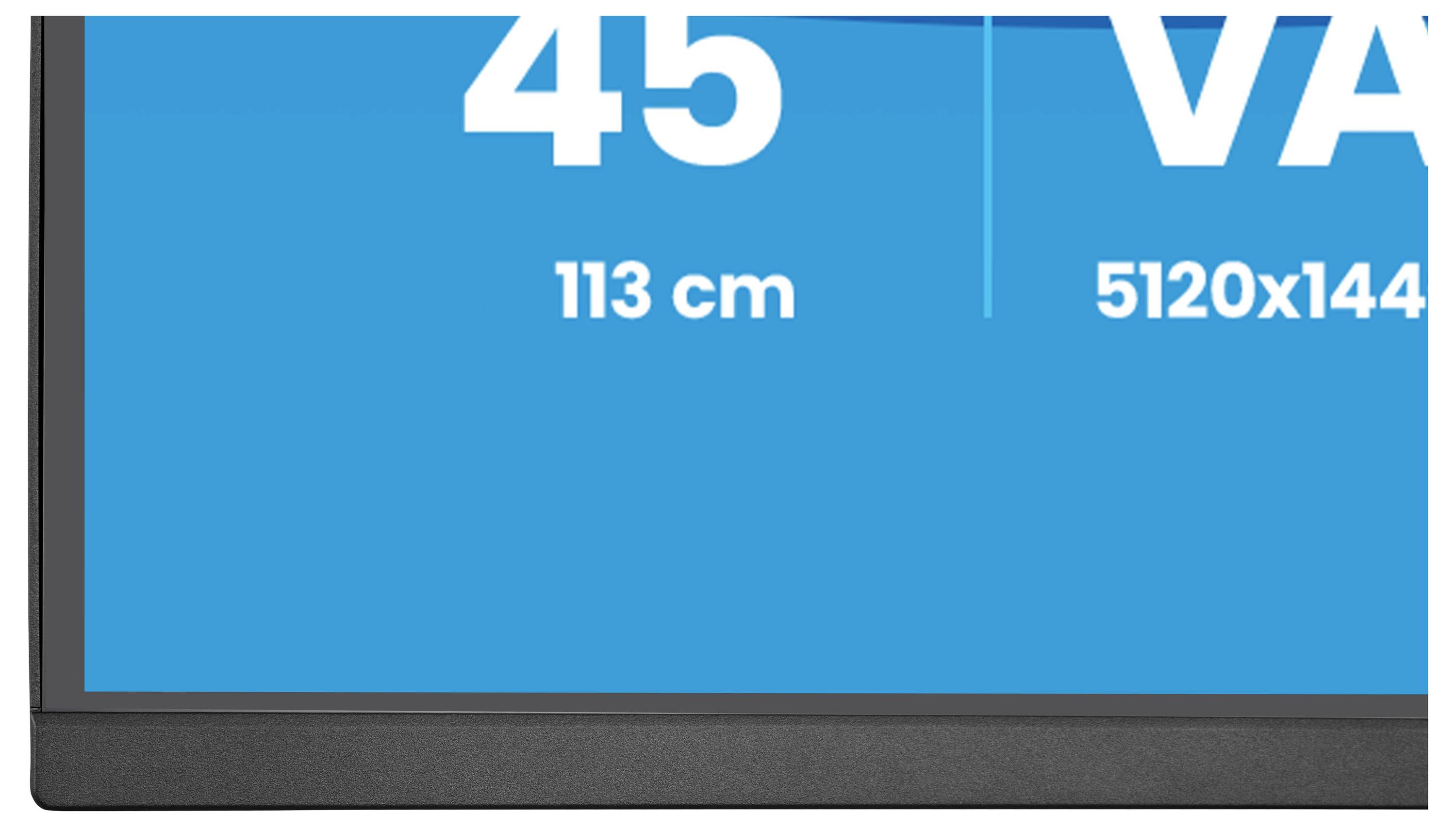 '45 113 cm 5120x1440' tučný bílý text na modrém pozadí, případně označující velikost a rozlišení obrazovky na monitoru.