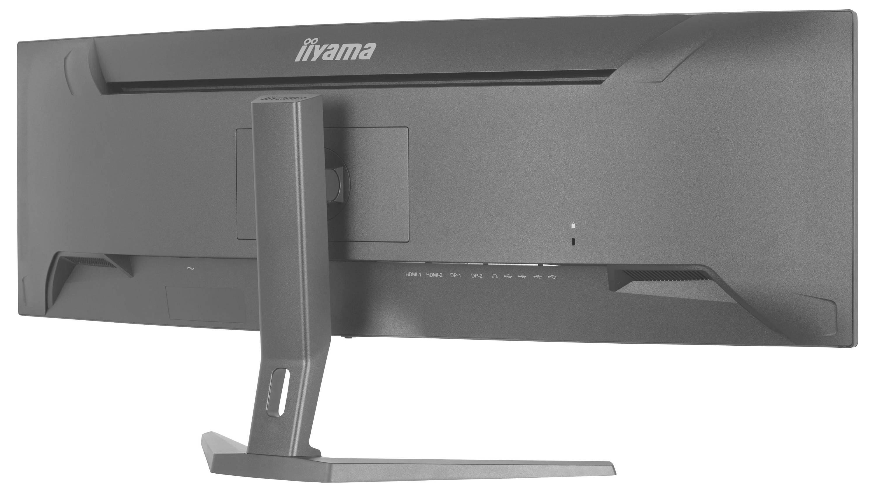 Zadní pohled na plochý monitor Iiyama s širokou základnou a štíhlým profilem, zobrazující připojení stojanu a prvky zadního designu.