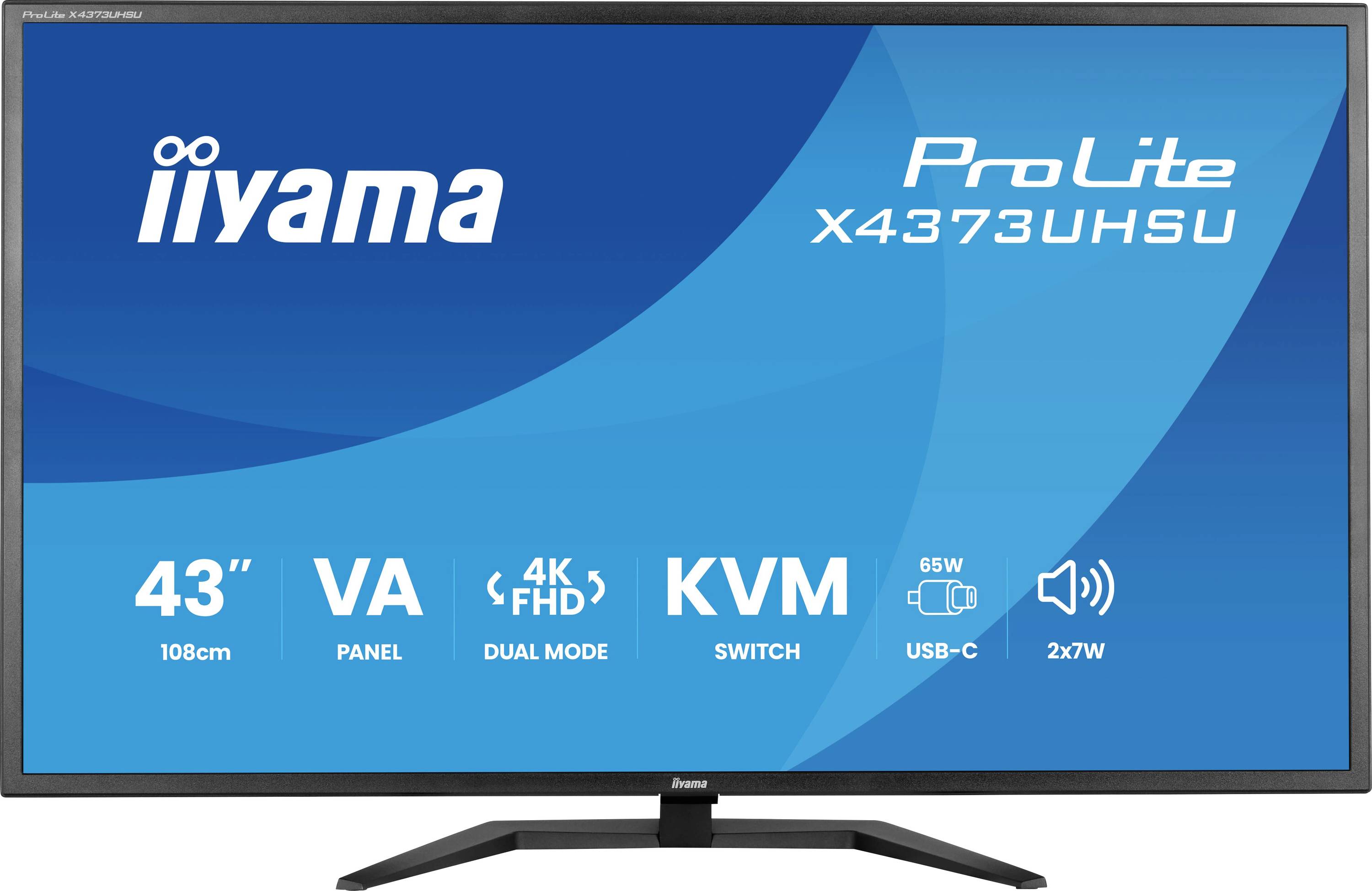 Monitor iiyama ProLite X4373UHSU s úhlopříčkou 43 palců zobrazující funkce: VA panel, 4K FHD, duální režim, KVM přepínač, 65W USB-C, 2x7W reproduktory.