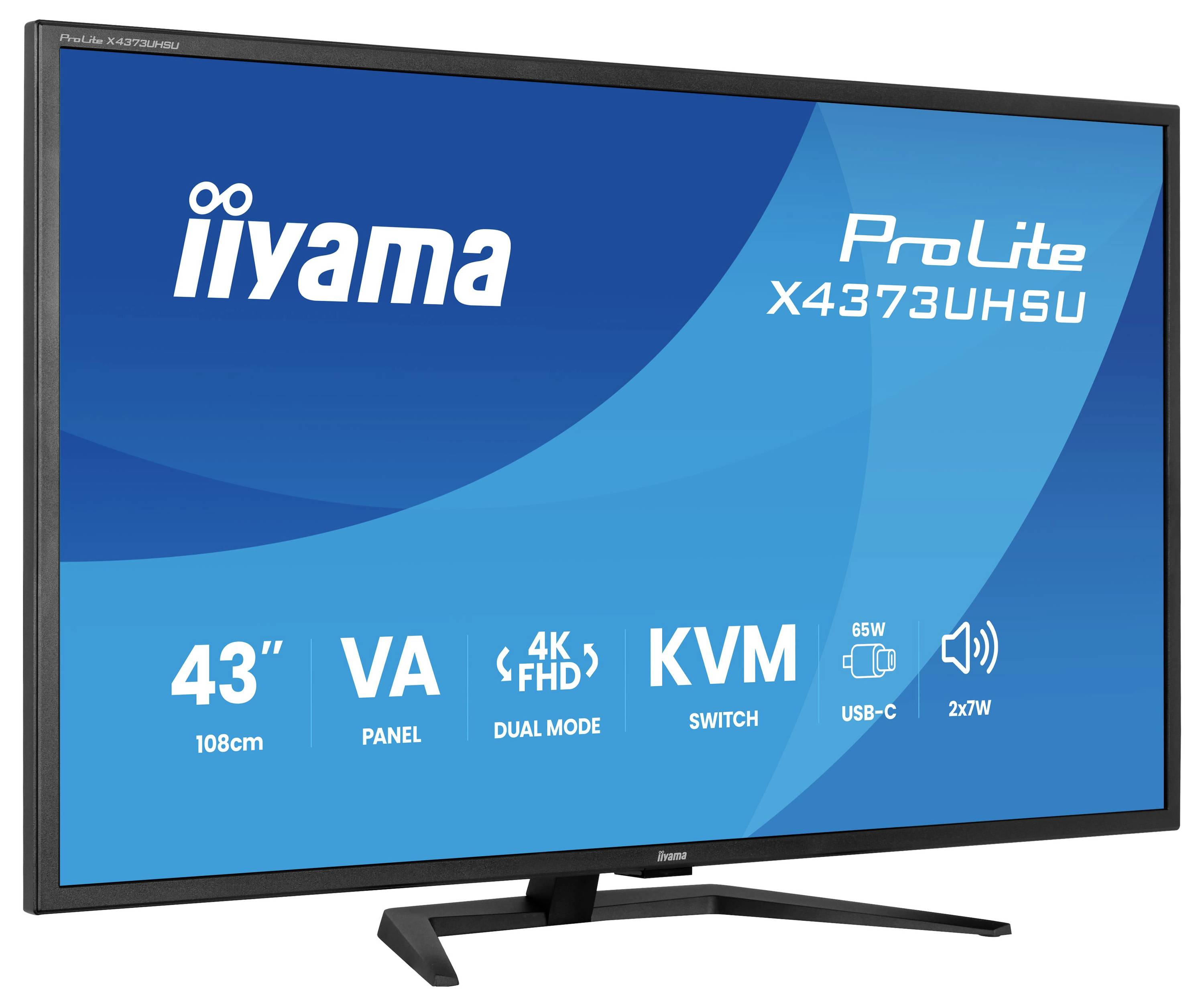 Monitorování iiyama ProLite X4373UHSU s 43palcovým panelem 4K VA, duálním režimem, KVM přepínačem, nabíjením USB-C a reproduktory 2x7W.