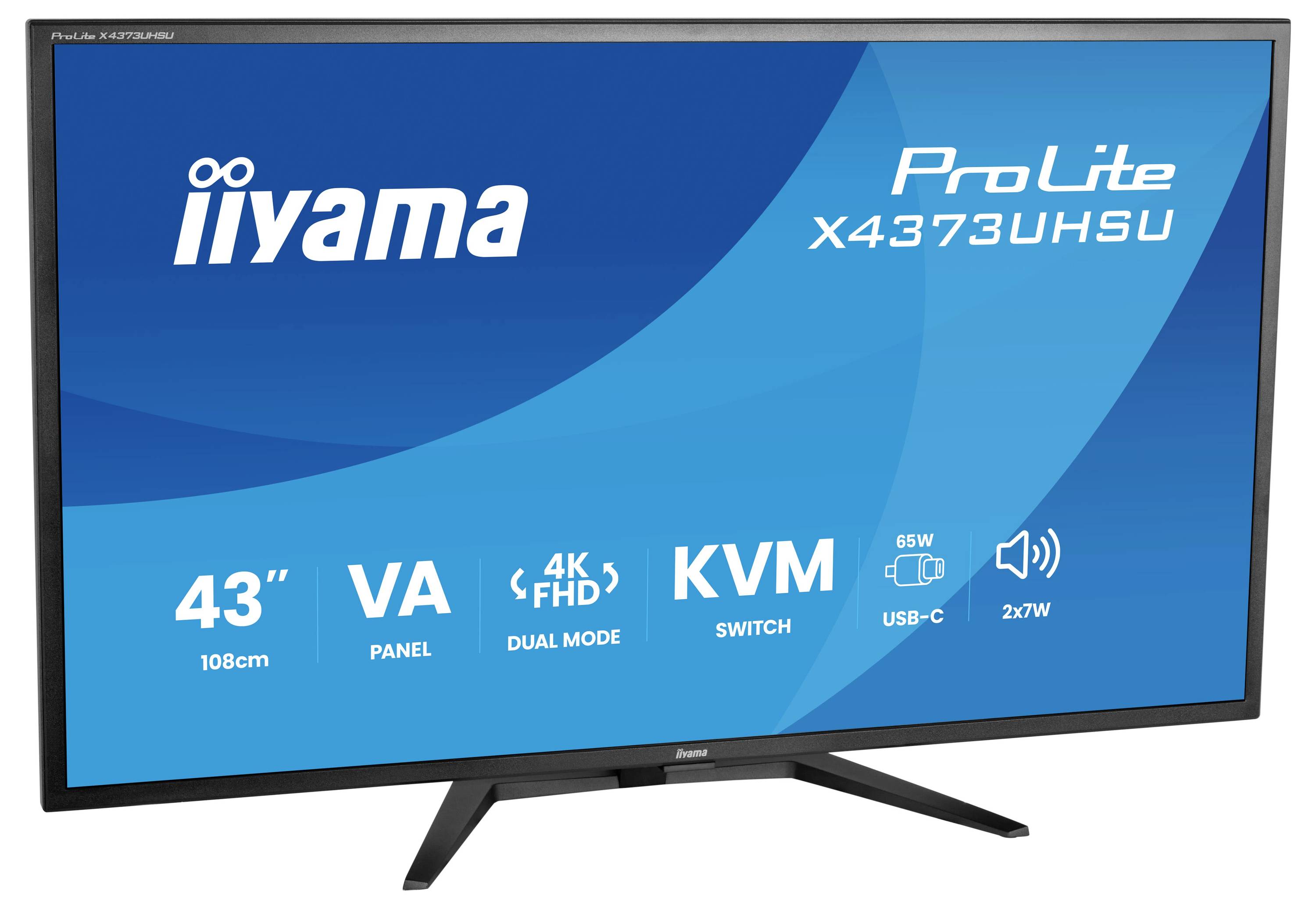 iiyama ProLite X4373UHSU, 43" monitor, VA panel, 4K FHD, KVM přepínač, 65W USB-C napájecí zdroj, 2x7W reproduktory, duální režim.