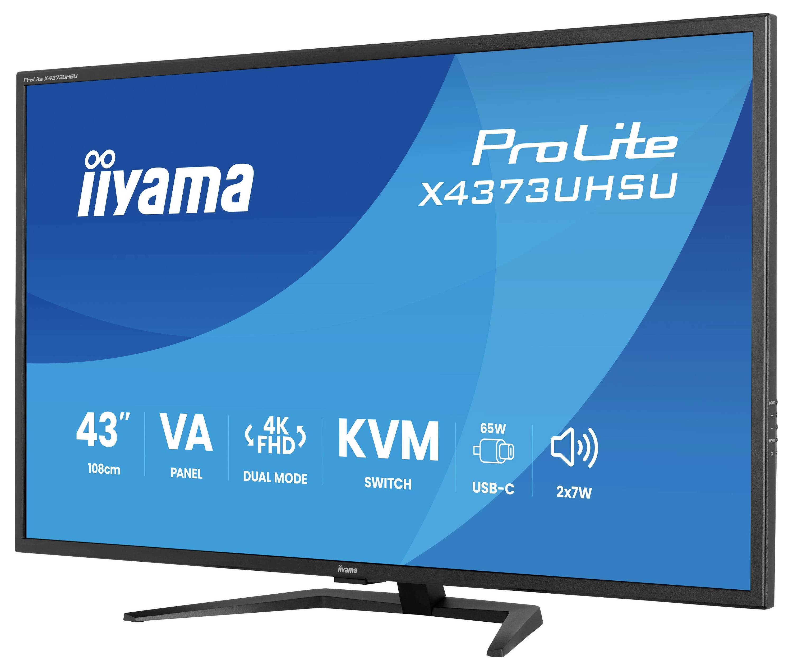 Monitor 'iiyama ProLite X4373UHSU', 43'' VA panel, 4K FHD, KVM přepínač, duální režim, USB-C, 2x7W reproduktory, spotřeba 65W.
