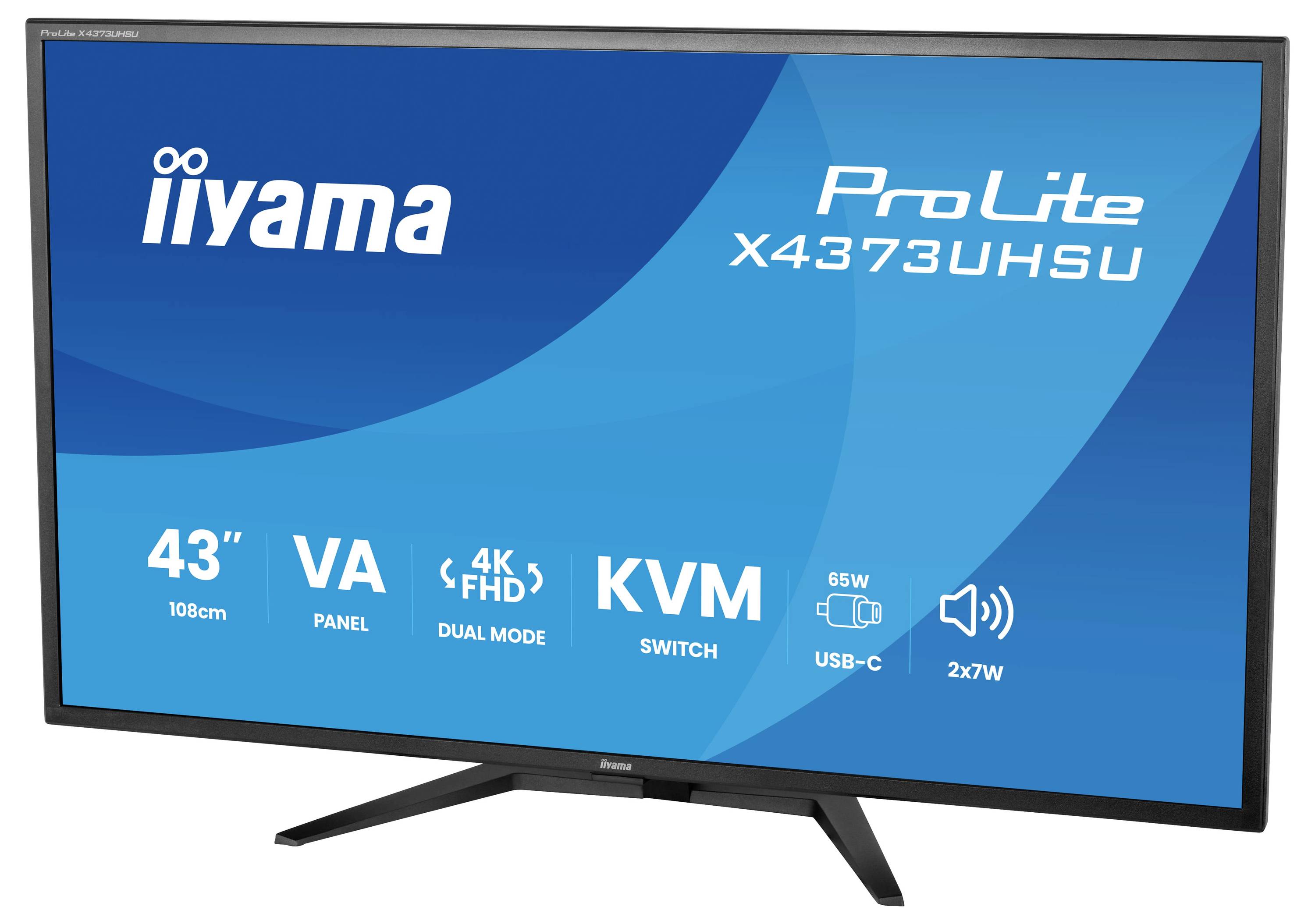 Širokouhlý monitor zobrazující své specifikace: velikost 43", 4K FHD, VA panel, dual mode, KVM přepínač, USB-C, 65W, označený jako "iiyama ProLite X4373UHSU".