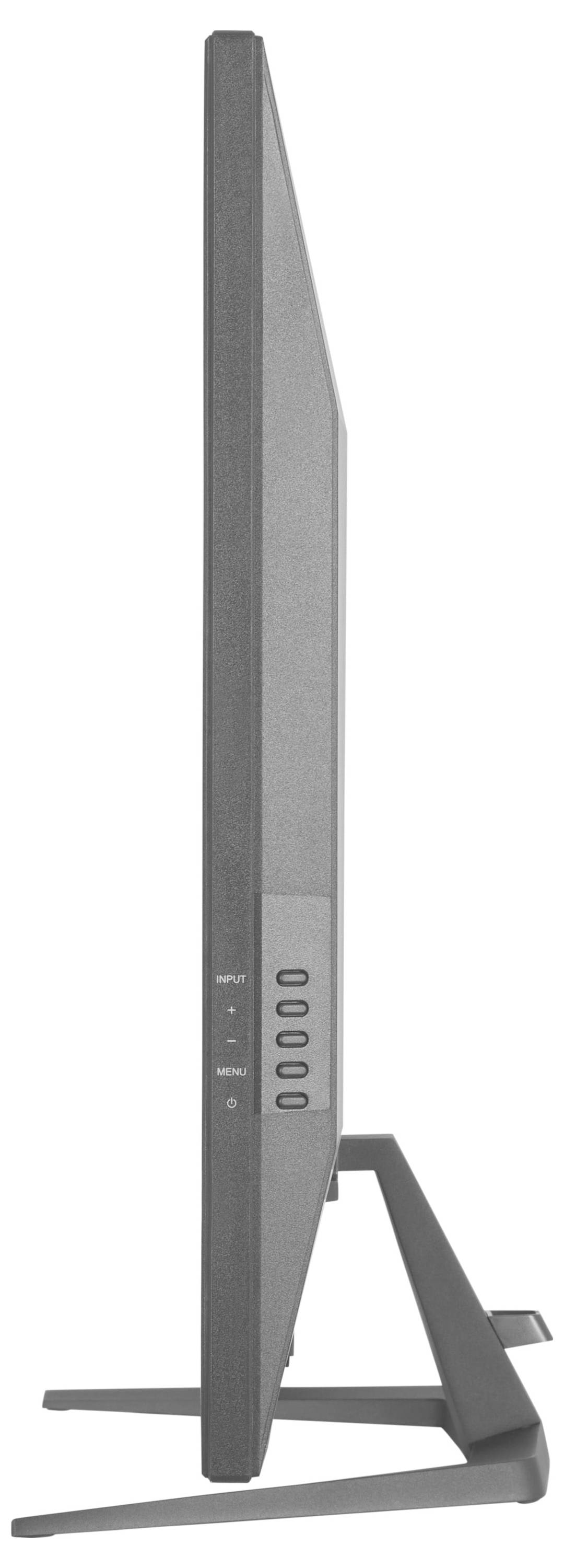 Boční pohled na tenký, moderní monitor s plochou obrazovkou s tlačítky na dolním pravém okraji, podpořený elegantním kovovým stojanem.
