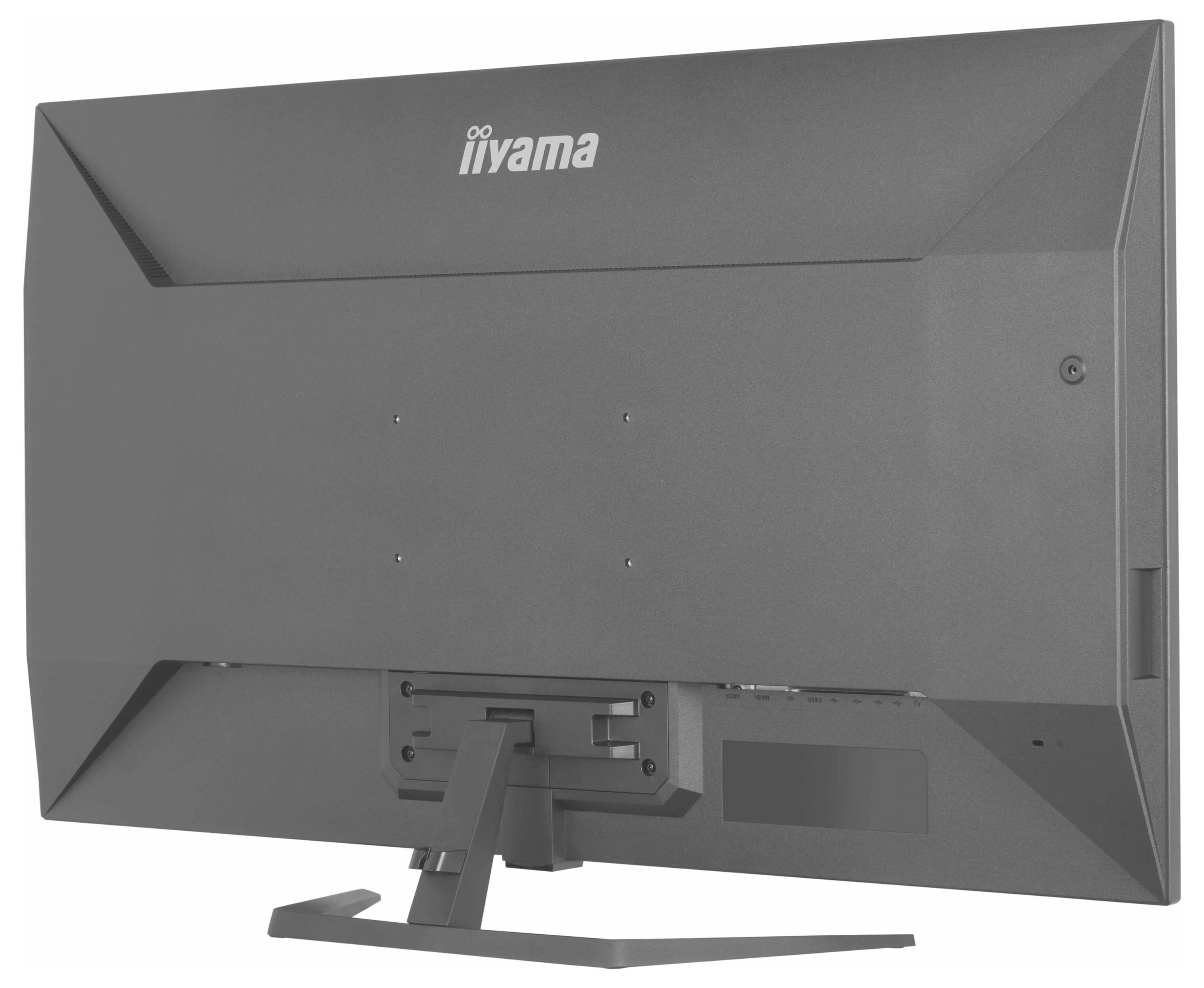 Zadní strana šedého monitoru iiyama se stojanem, která zobrazuje montážní konzoly pro nástěnnou instalaci.