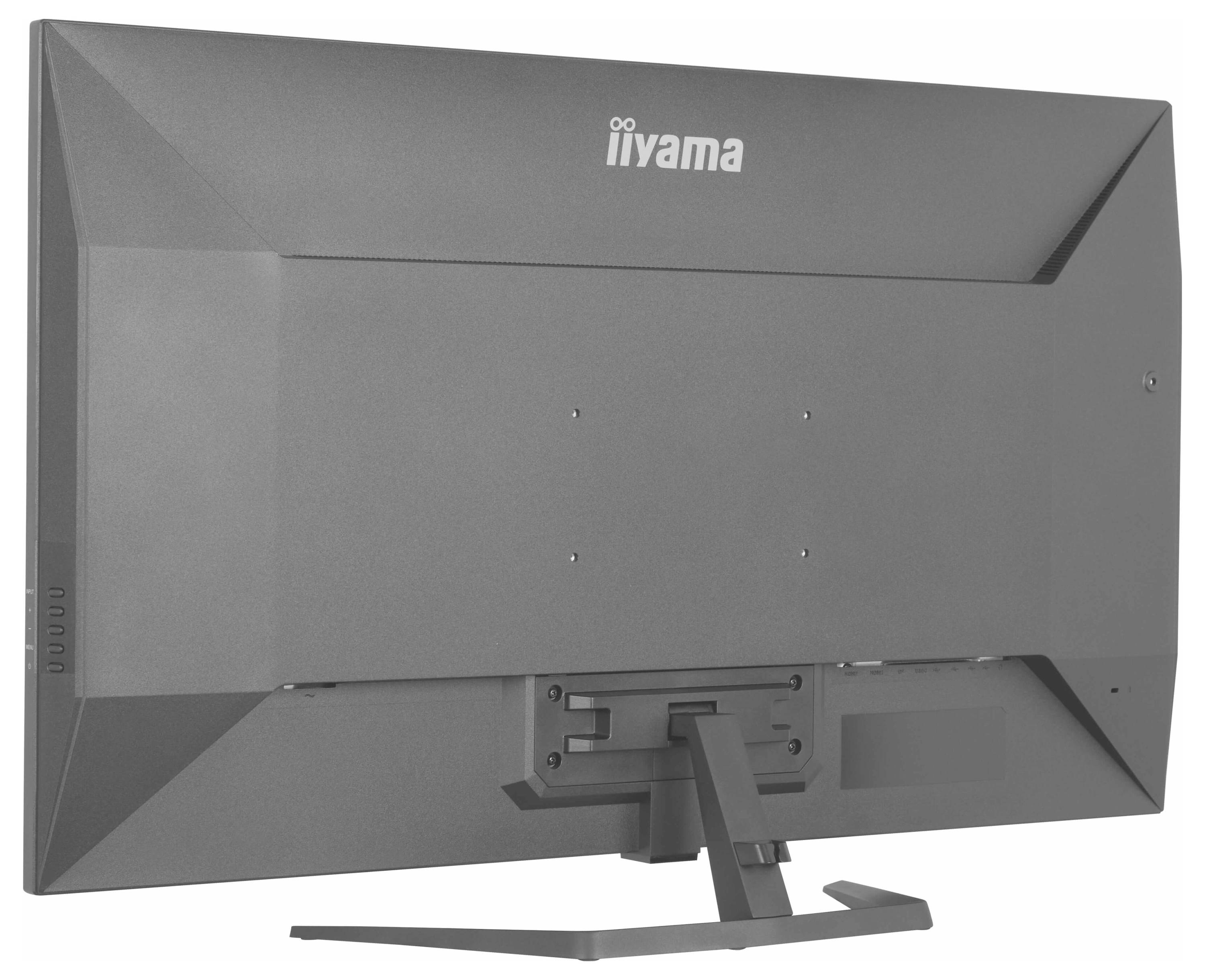 Obrázek ukazuje zadní pohled na šedý monitor Iiyama se stojanem, který zdůrazňuje jeho elegantní design a oblast pro připevnění.